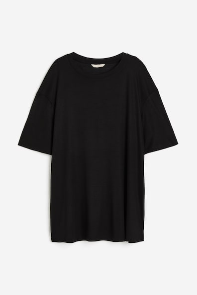 Oversized lyocell T-shirt - Round neck - Short sleeve - Black - Ladies ...