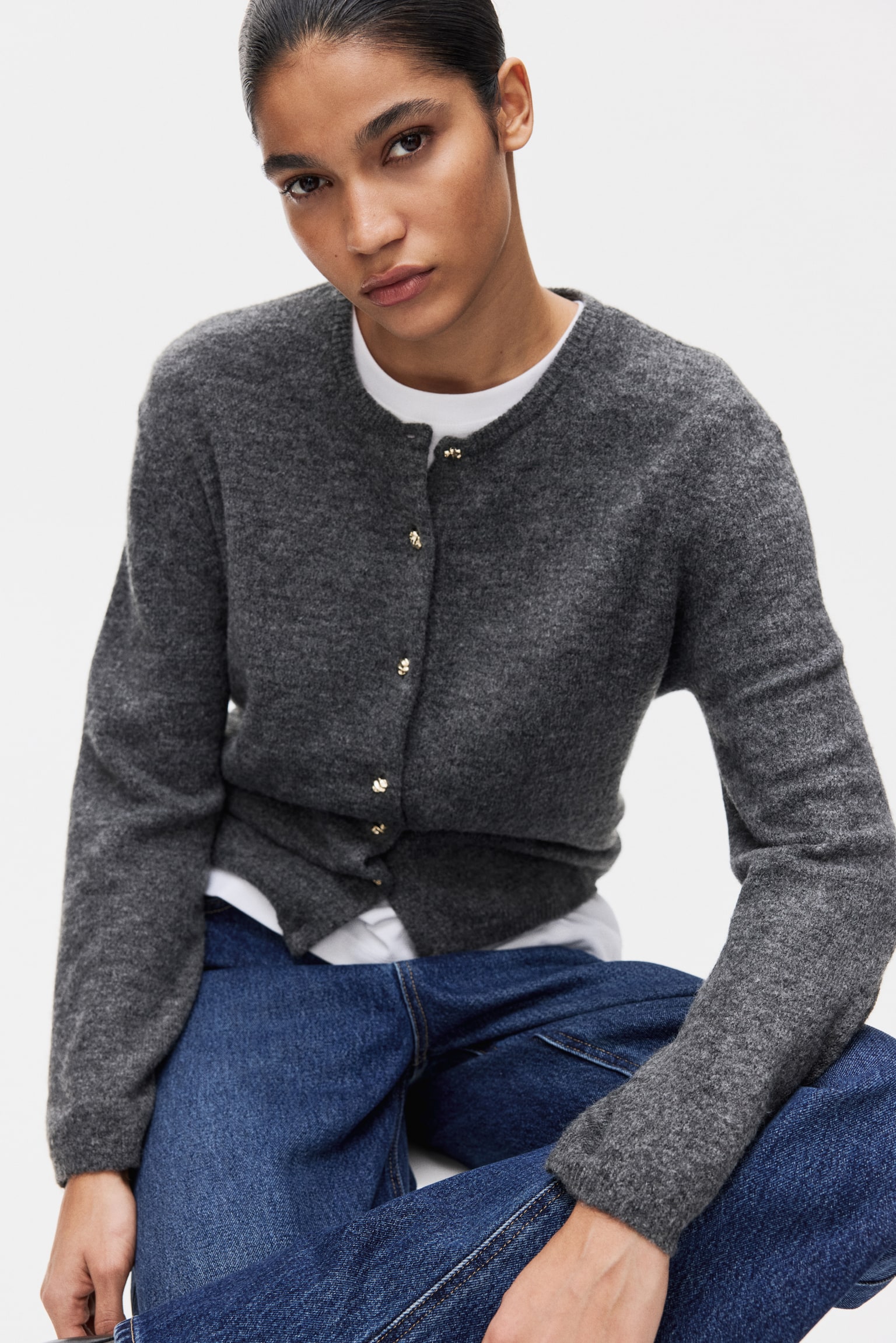 Fine-knit cardigan - Dark grey marl/Cream/Black/Powder pink - 6