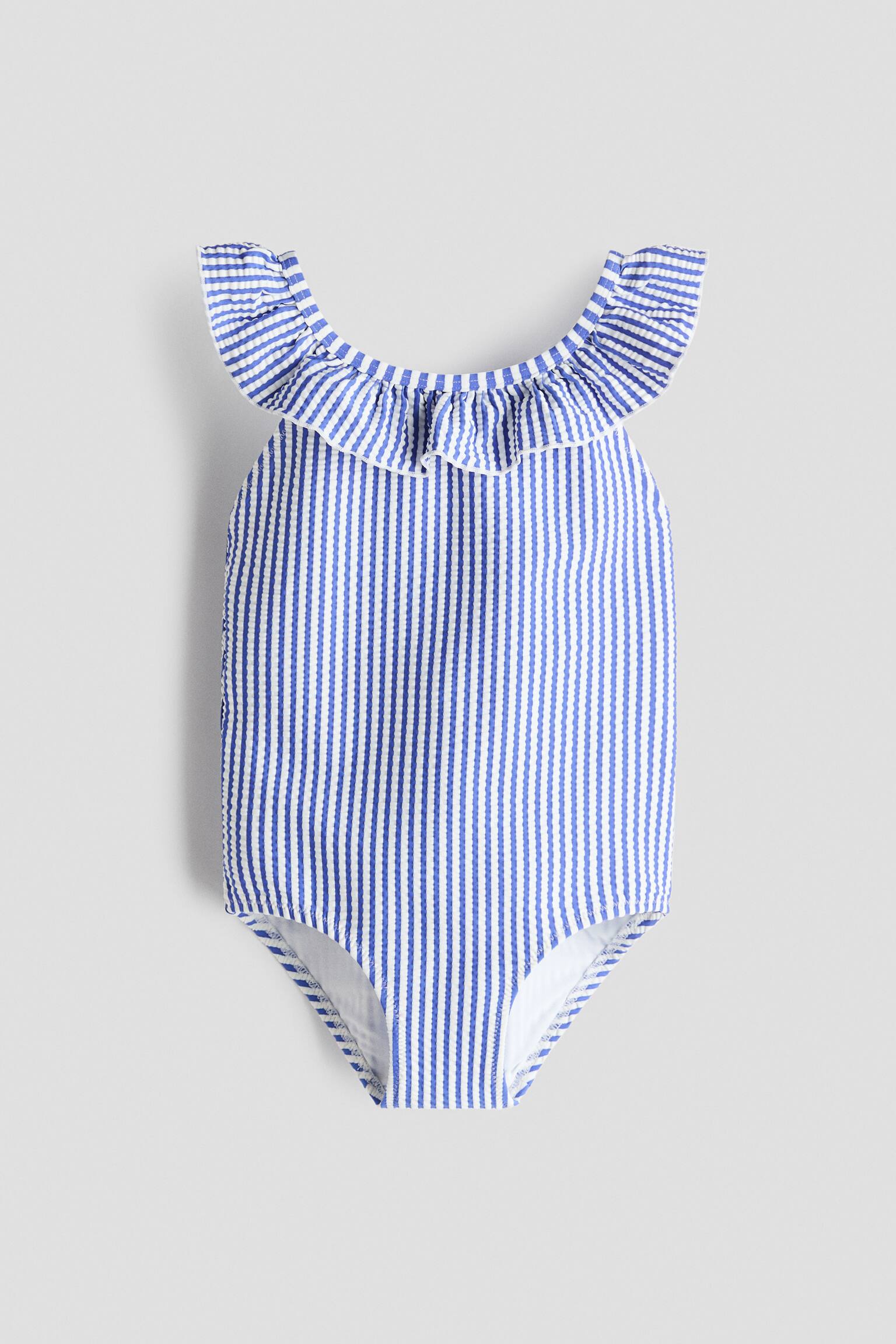 Frill-trimmed swimsuit - Blue/White striped - 1