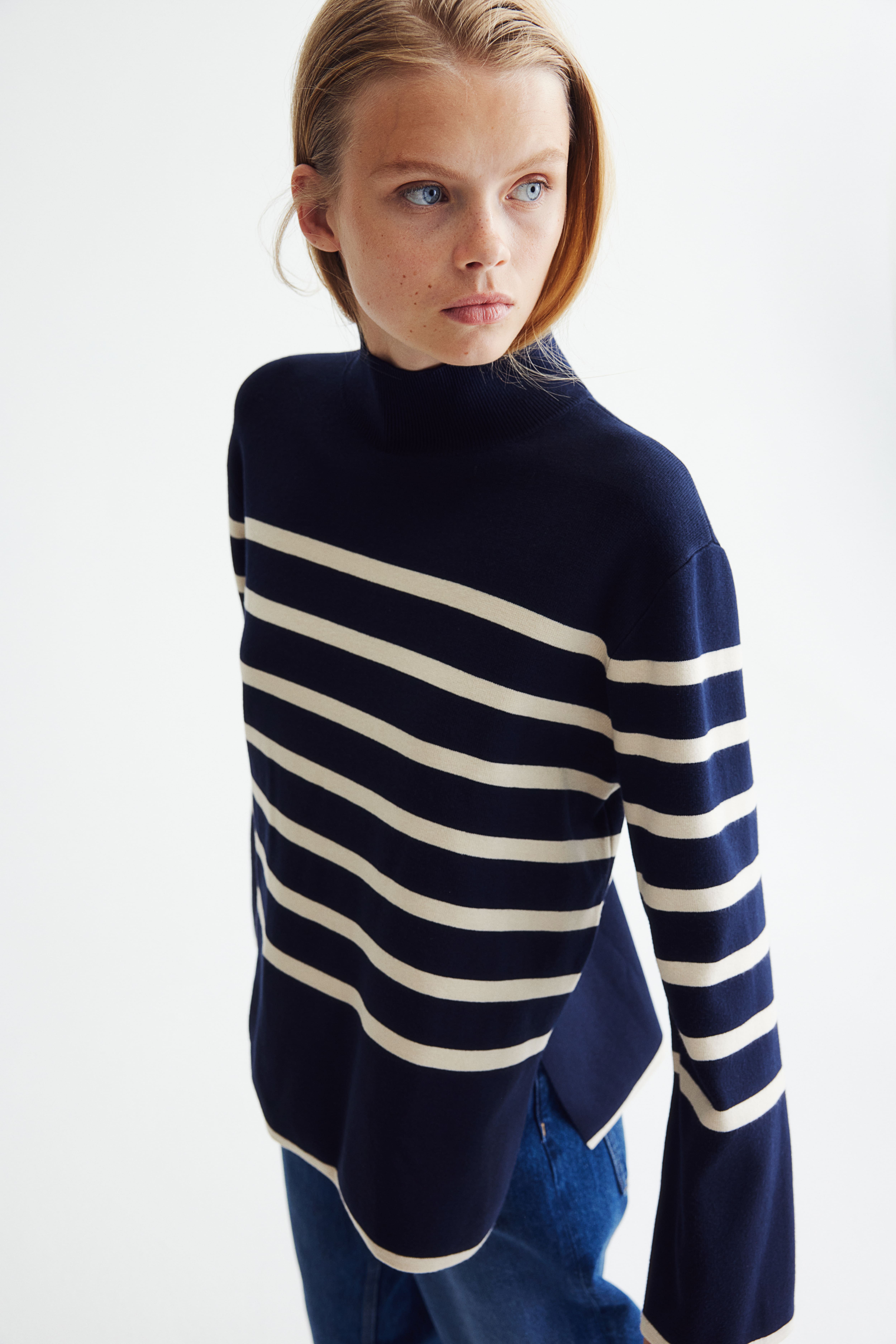 Mock Turtleneck Sweater Navy blue cream striped Ladies H M CA