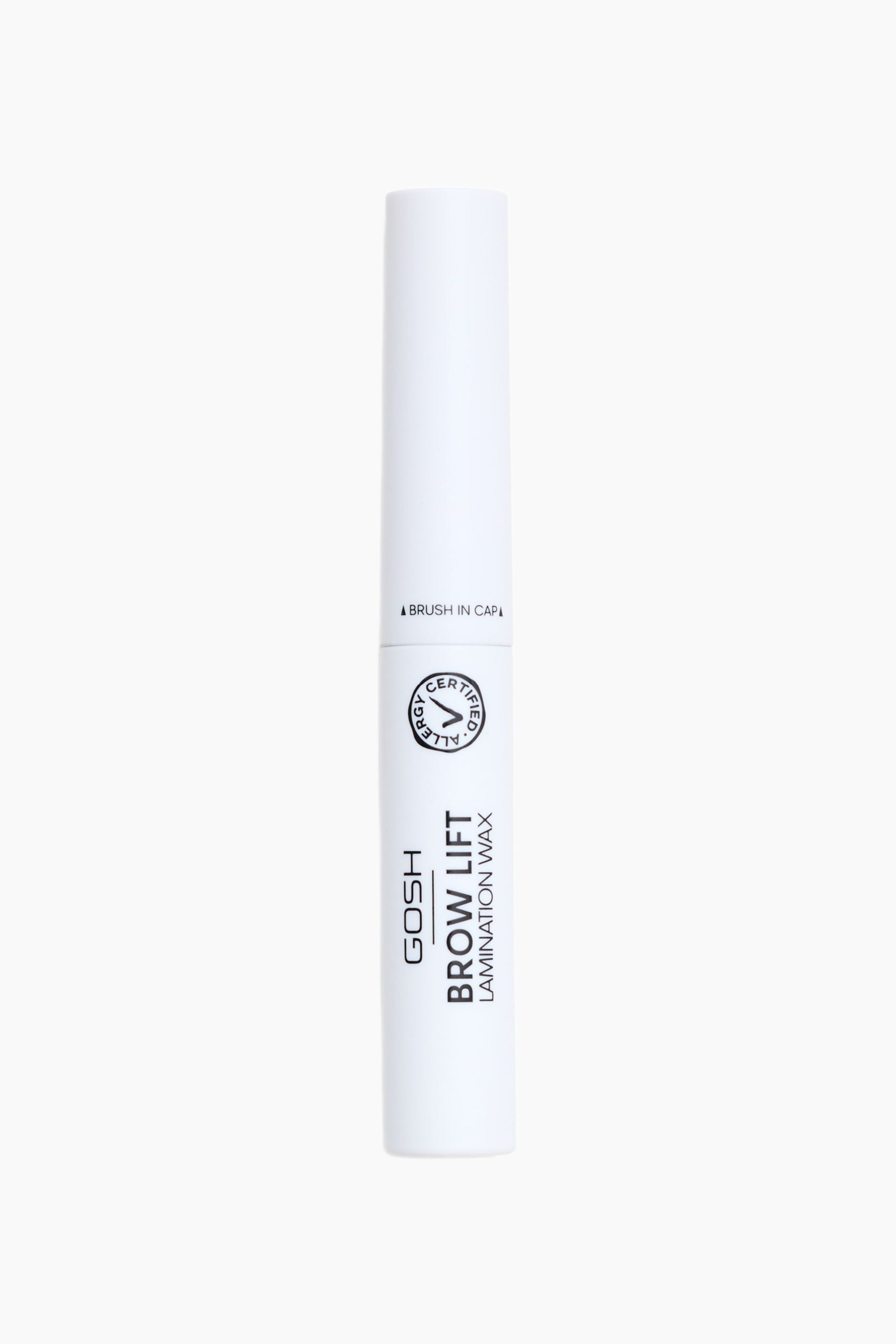 Vis større bilde: En hvit, sylindrisk tube for GOSH Brow Lift Lamination Wax står oppreist, vendt fremover, og viser produktnavnet, et "Allergy Certified"-logo og teksten "Brush in Cap".