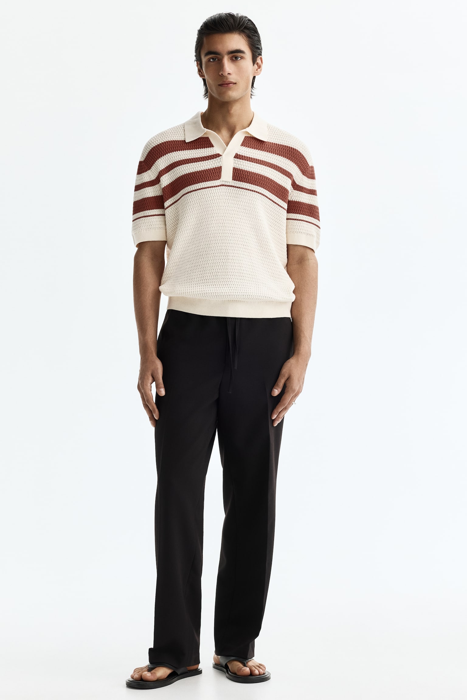 Regular Fit Pointelle-knit polo shirt-Cream/Colour block - 5