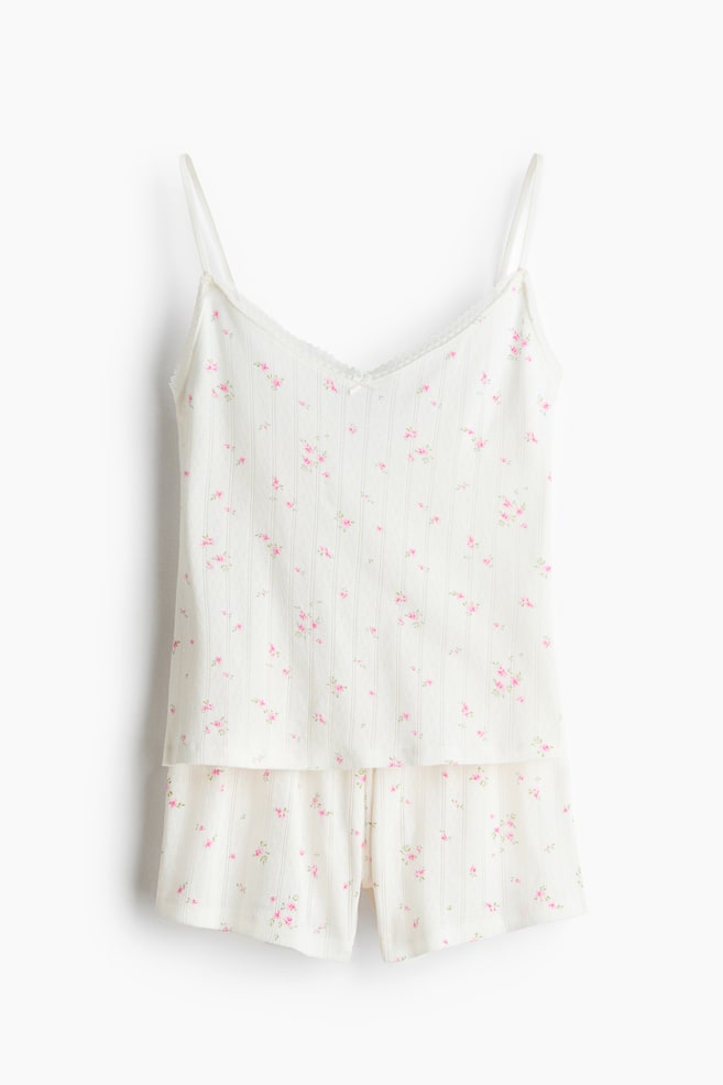 Cotton pointelle pyjamas - White/Floral/Black - 1