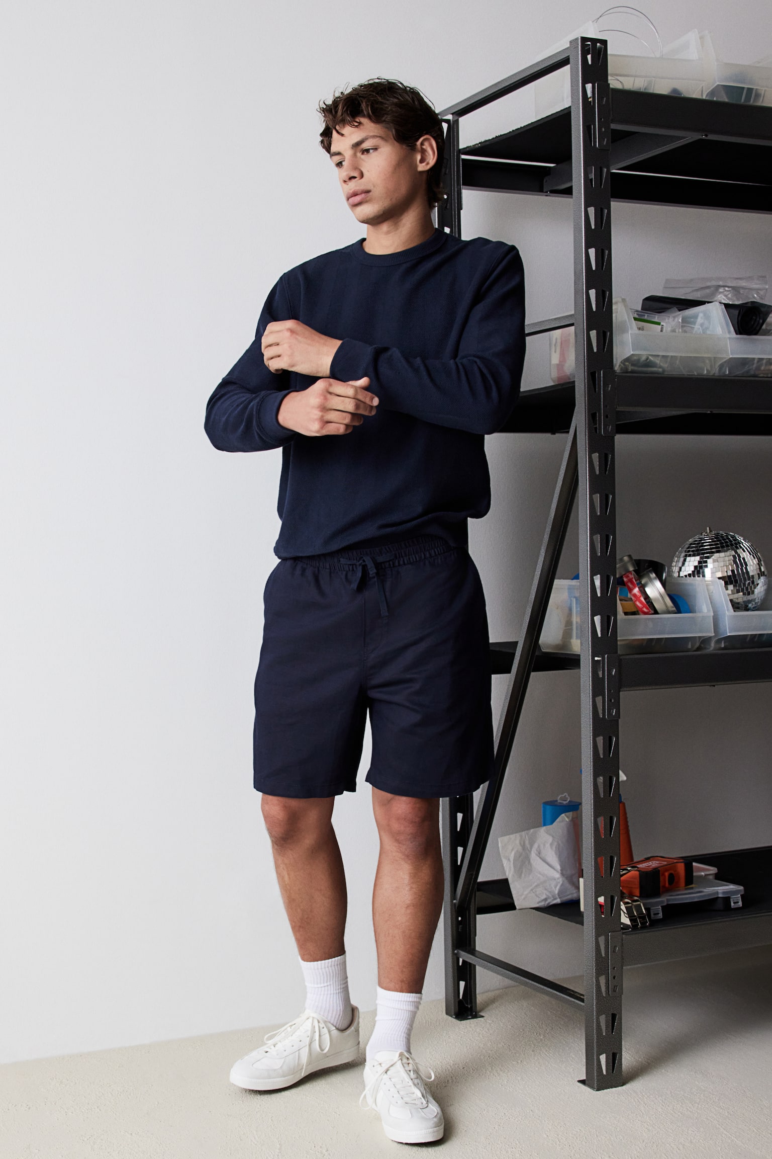 Relaxed Fit Linen-blend shorts - Navy blue/Dark grey/Cream - 1