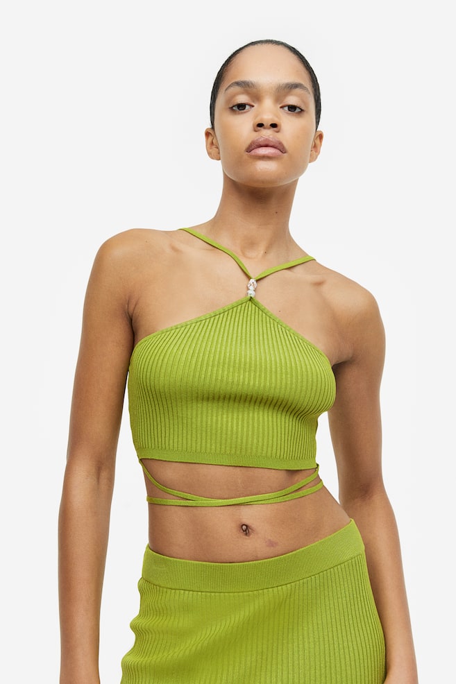 Cropped tie-detail top - Olive green - 4