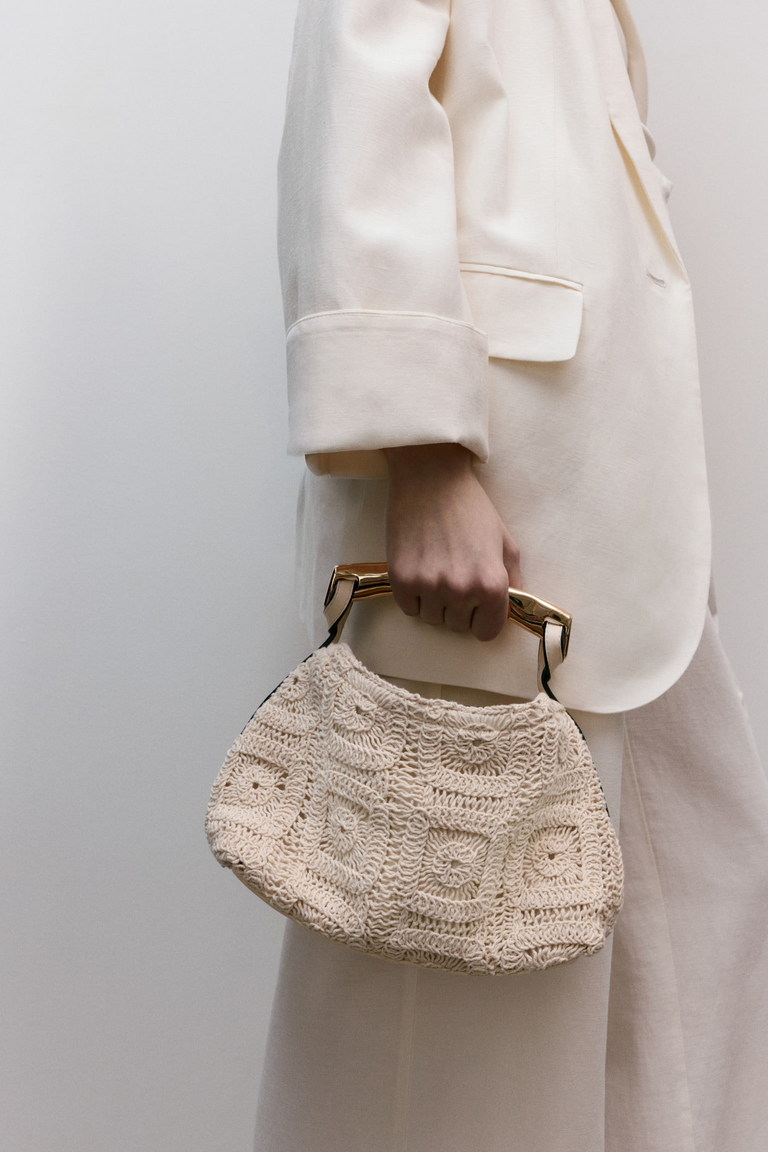 Metal-handle handbag - Light beige/Dark brown - 1
