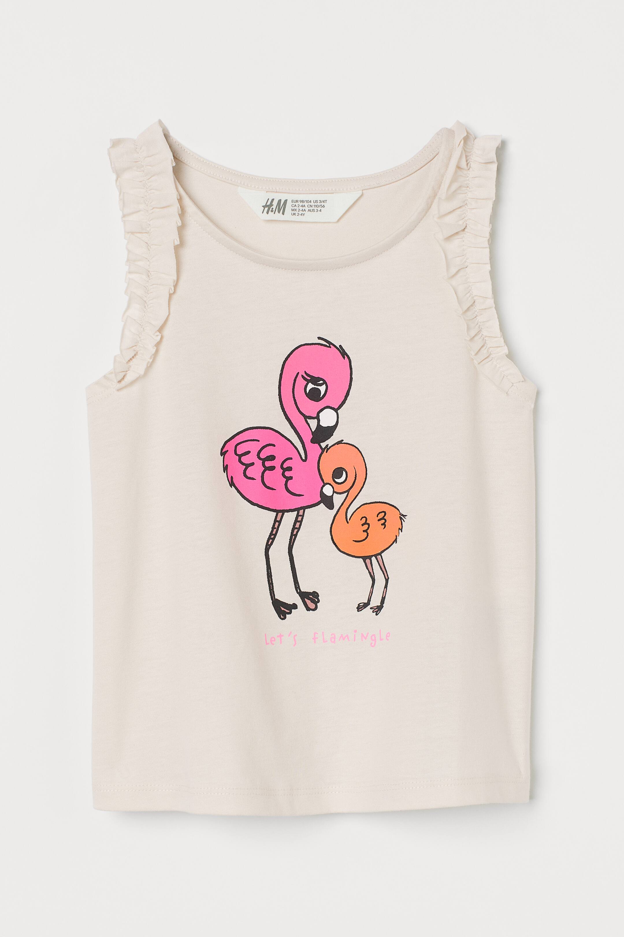 הצגת תמונה גדולה יותר: Frill-trimmed jersey top - Natural white/Flamingos - Kids | H&M IL 1