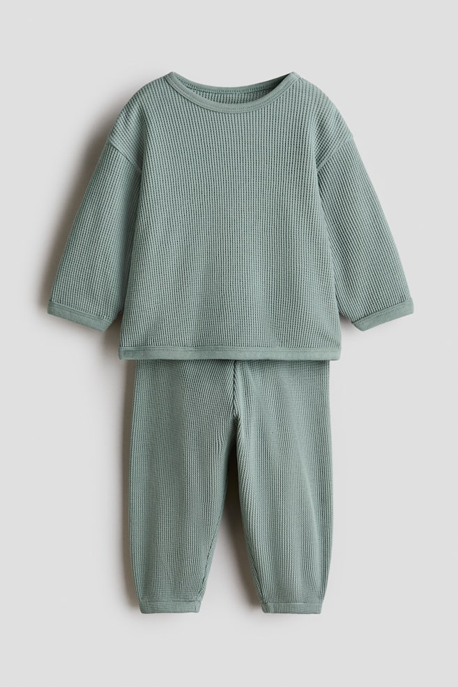 2-Piece Waffled Cotton Set - Light turquoise/Beige/white striped - 1