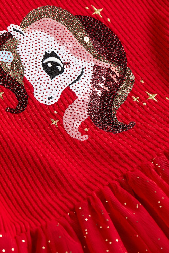 Sequin-motif tulle-skirt dress - Red/Unicorn/Black/Cat - 2