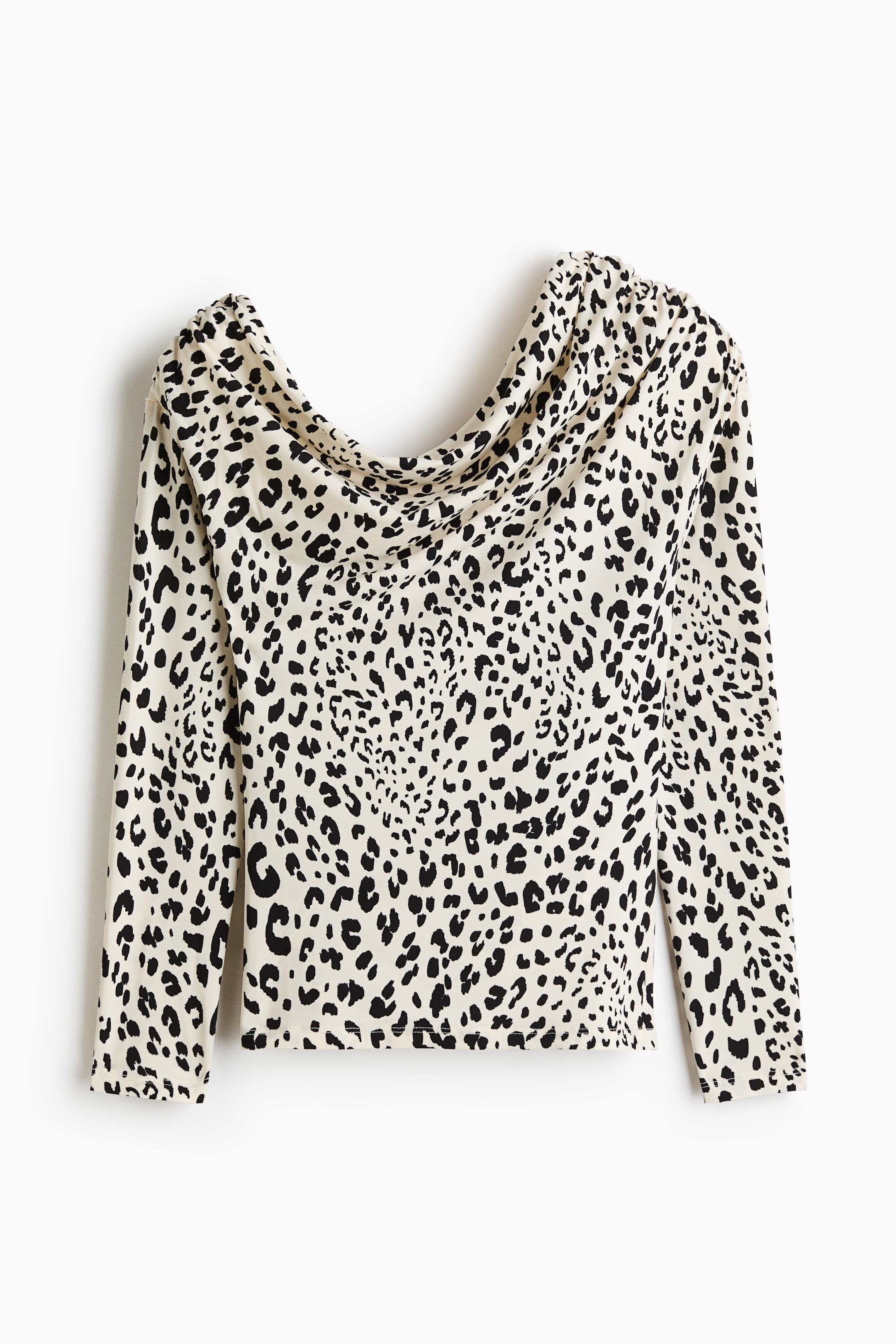 View larger image: A long-sleeved top featuring a black-and-cream leopard-print pattern and a draped cowl neck, shown from the front.