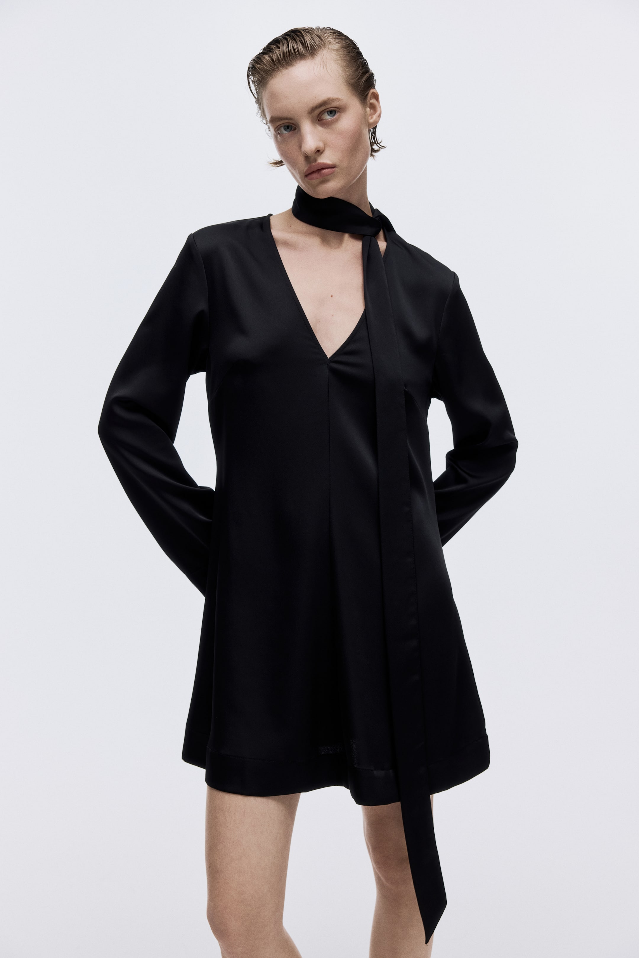 View larger image: Scarf-detail satin dress - Black - Ladies | H&M IN 1