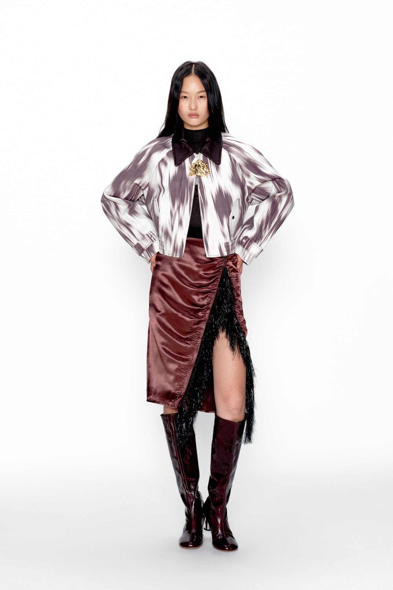 Fringe-trimmed satin skirt - Burgundy/Cream - 2