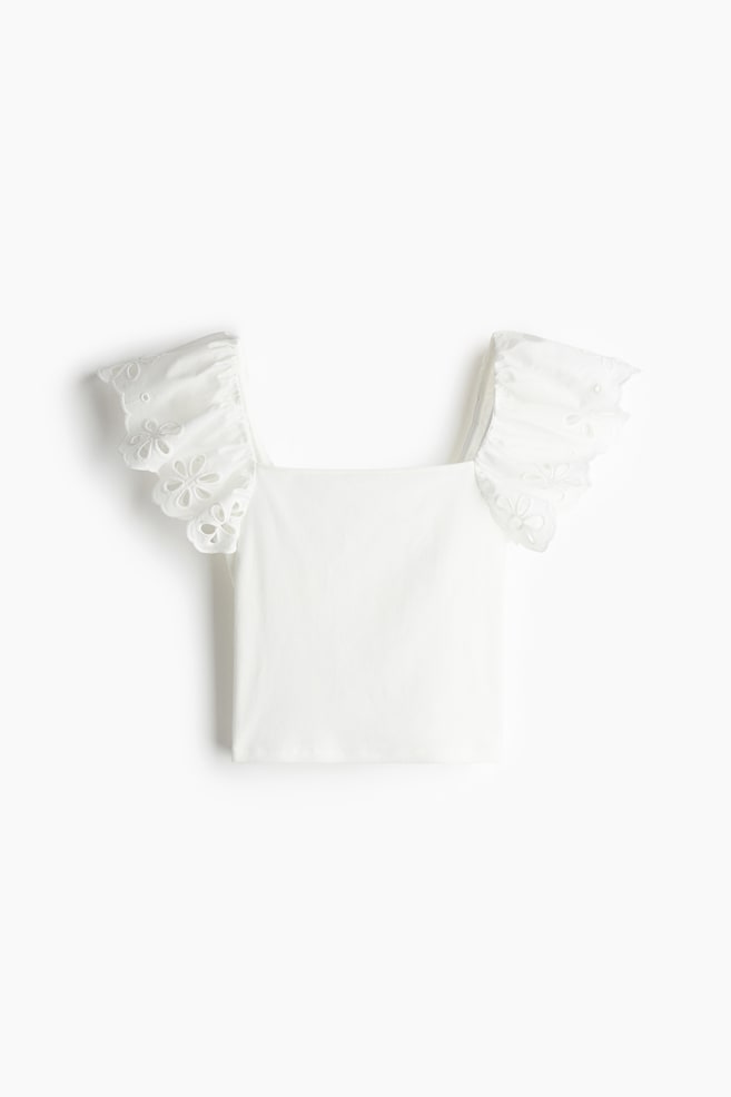 Ribbed Top with Eyelet Embroidered Detail - Cream/Black/Light pink - 1