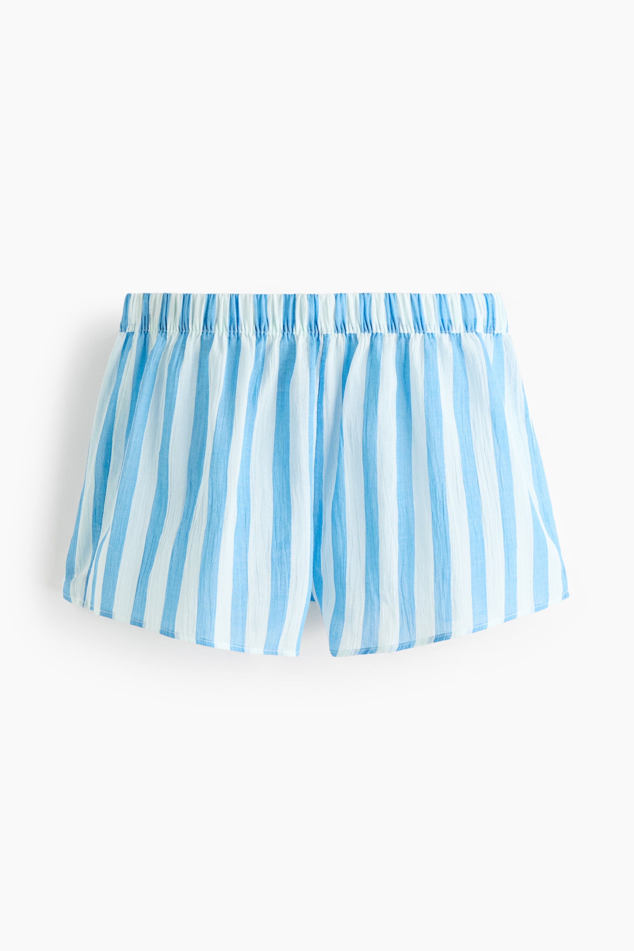 Größeres Bild ansehen: Relaxed-Fit-Shorts aus einer strukturierten Baumwollwebung mit elastischem Bund und hellblauen und weißen vertikalen Streifen, von vorne gezeigt.
