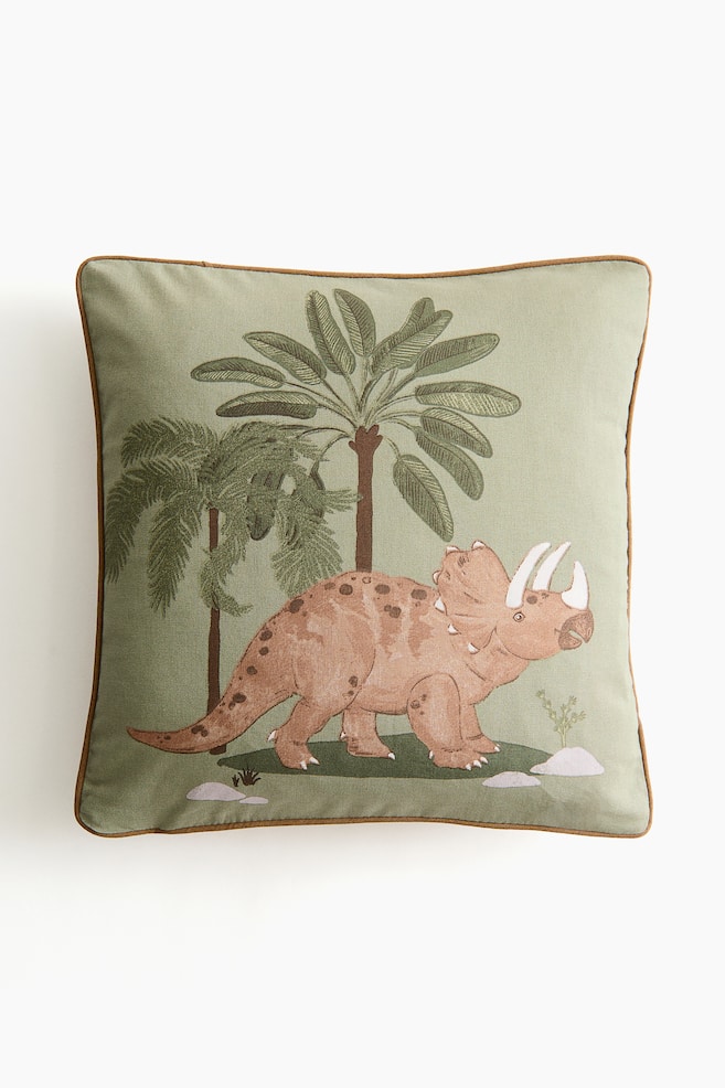 Kussenhoes van katoenen canvas met print - Licht kakigroen/dinosaurus/Lichtbeige/T-rex/Groen/scooter - 1