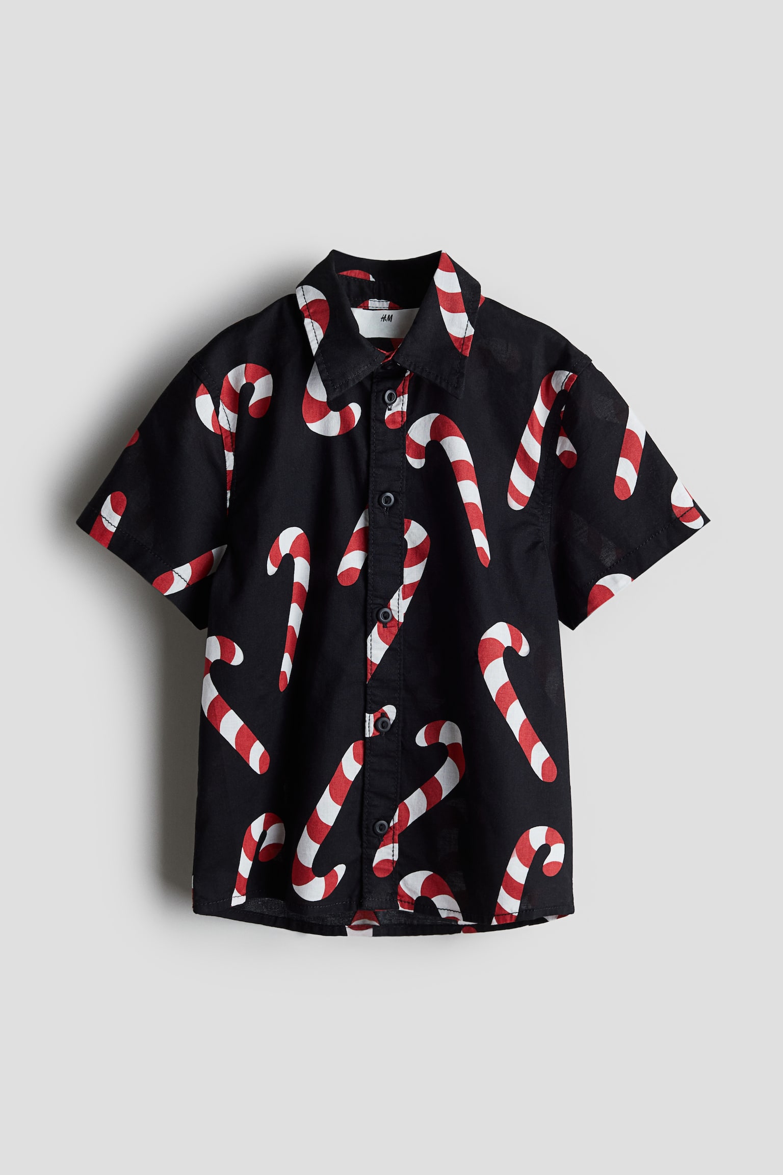 Short-sleeved cotton shirt - Black/Candy canes/White/Christmas trees - 1