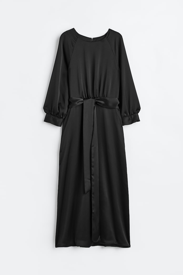 Tie-belt satin dress Black Ladies H&M