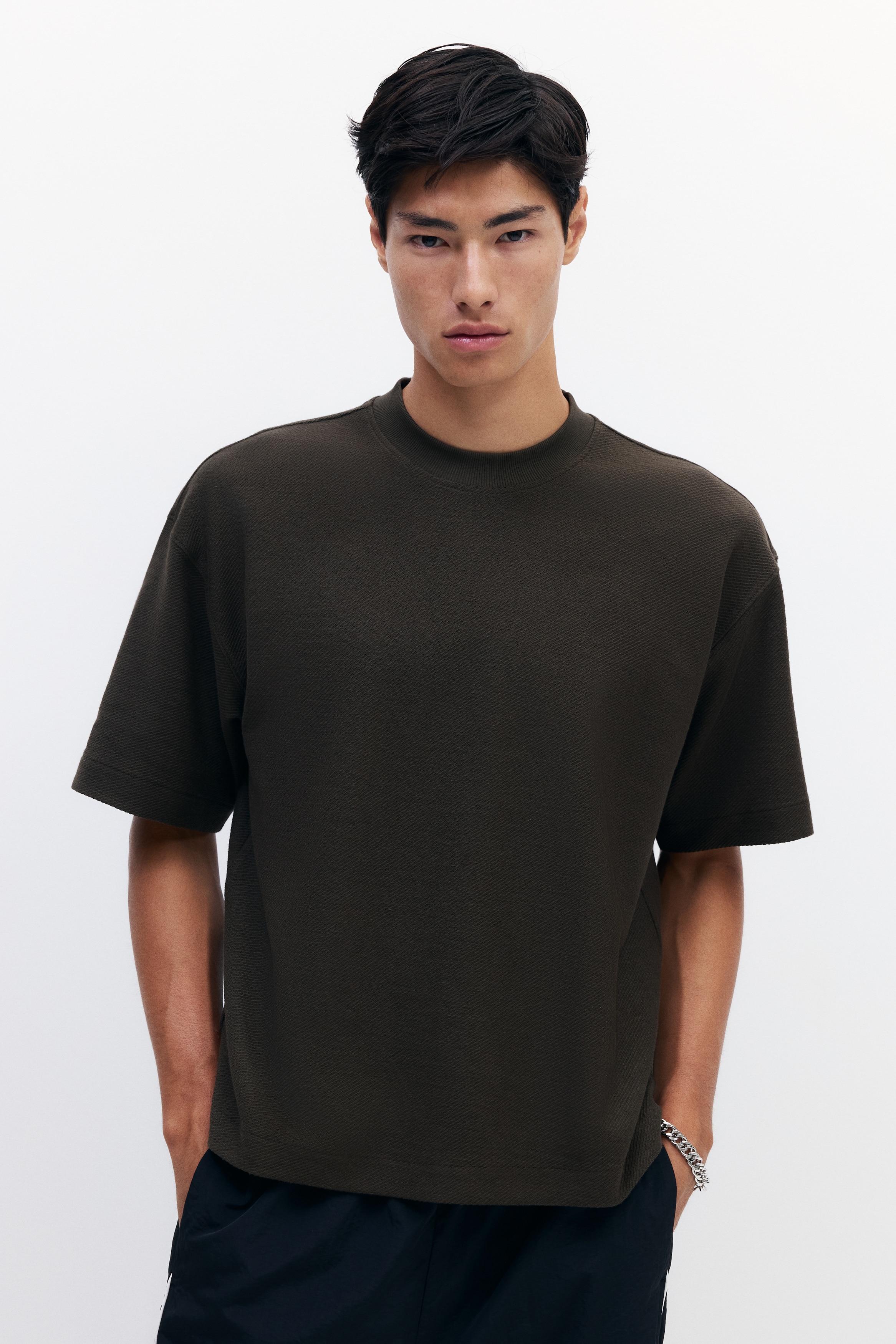T-shirt coupe ample - Vert kaki foncé/Blanc