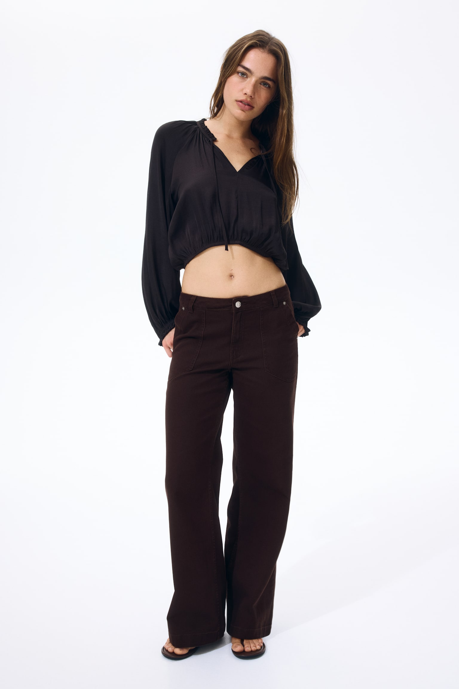 Wide twill trousers - Dark brown/Light beige/Khaki green - 1