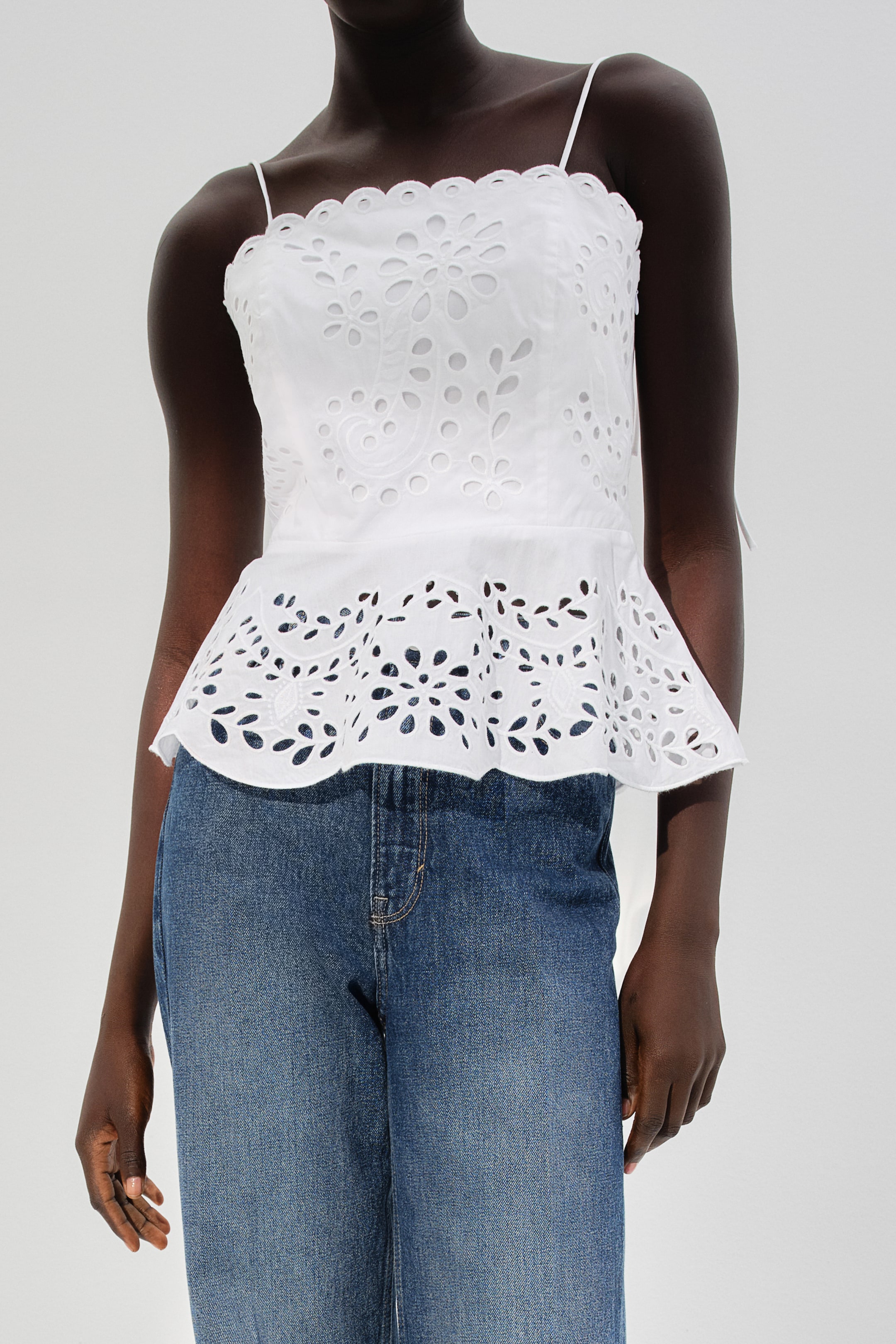 Eyelet-Embroidered Top with Tie Shoulder Straps