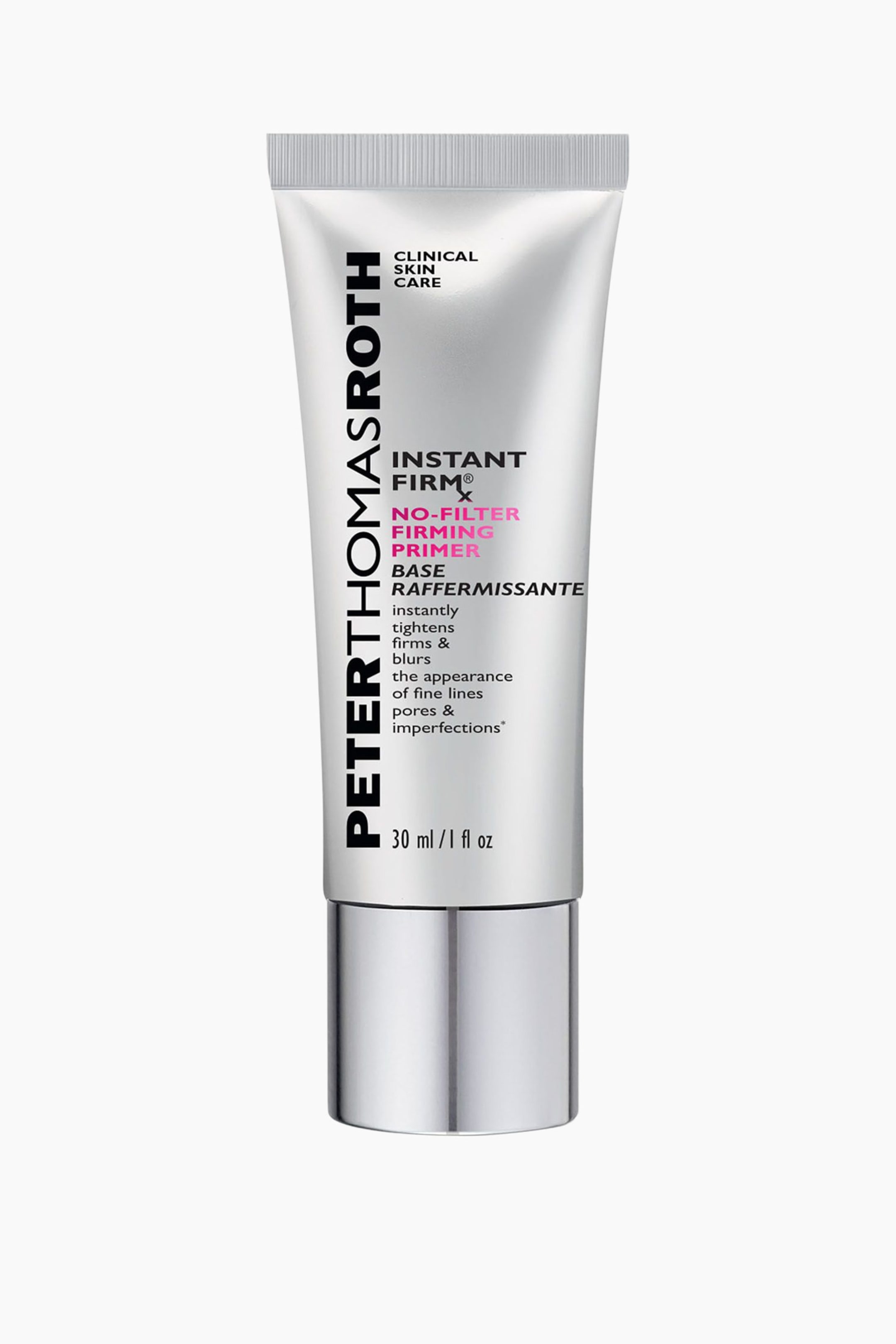Näytä suurempi kuva: Hopeanmetallinen puristettava tuubi, jossa on Peter Thomas Roth Instant Firm No-Filter Firming Primer, seisoo pystyssä etupuoli kohti katsojaa. Siinä on mustaa ja pinkkiä tekstiä; brändin nimi on kirjoitettu pystysuoraan vasempaan reunaan ja tuotetiedot ovat etupuolen keskellä.