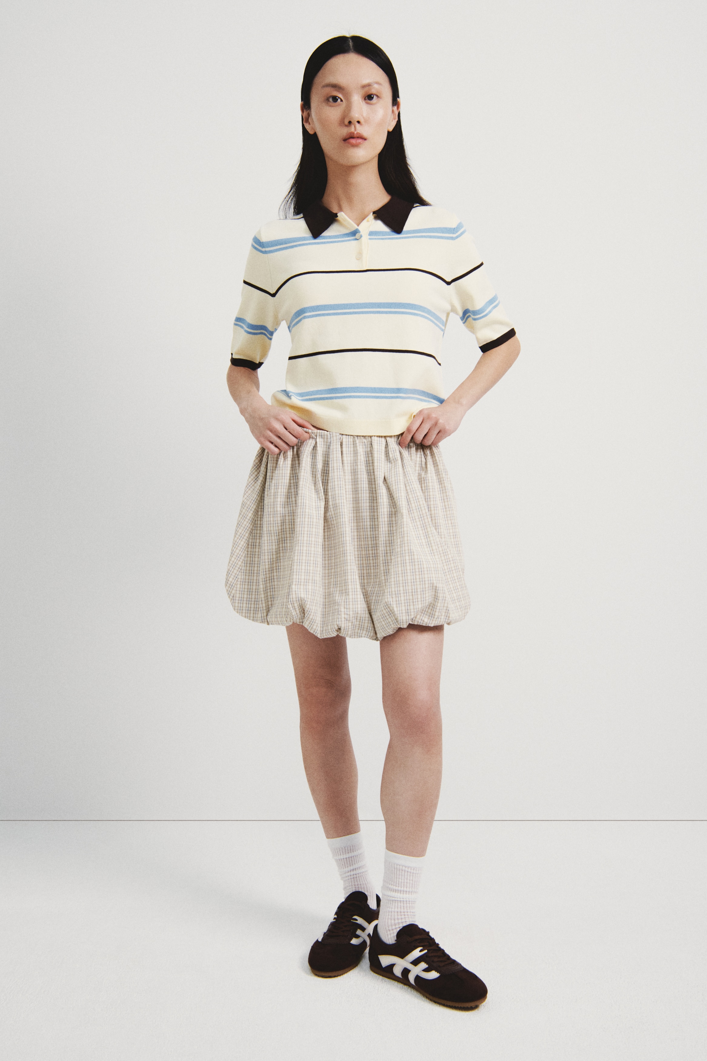 Cotton Poplin Balloon Skirt - Beige/checked