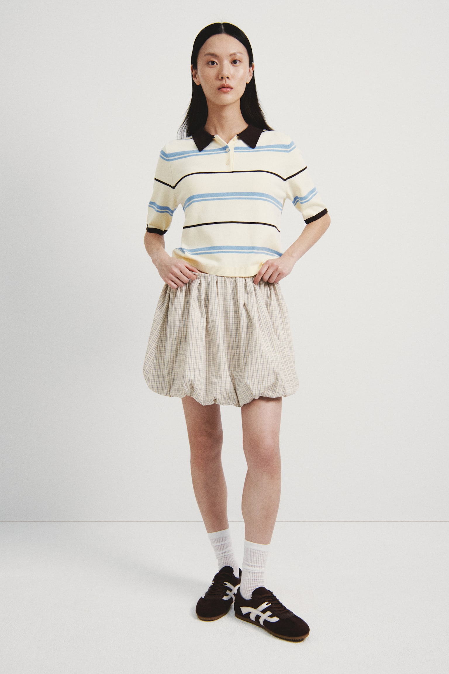 Cotton poplin balloon skirt - Màu be/Kẻ ca rô - 1