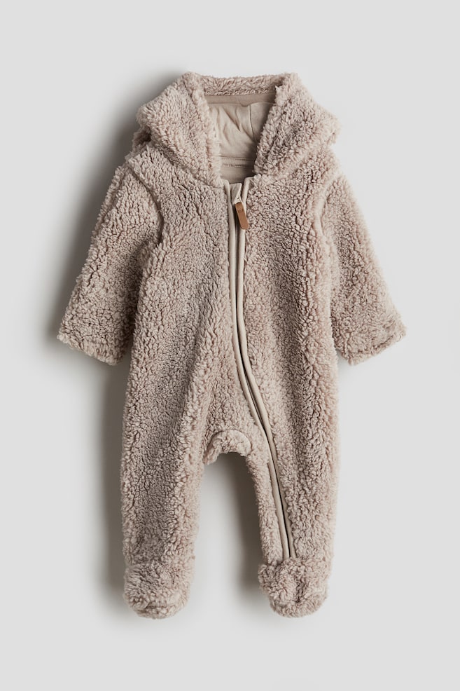 Pile pram suit with ears - Beige/White/Brown - 1