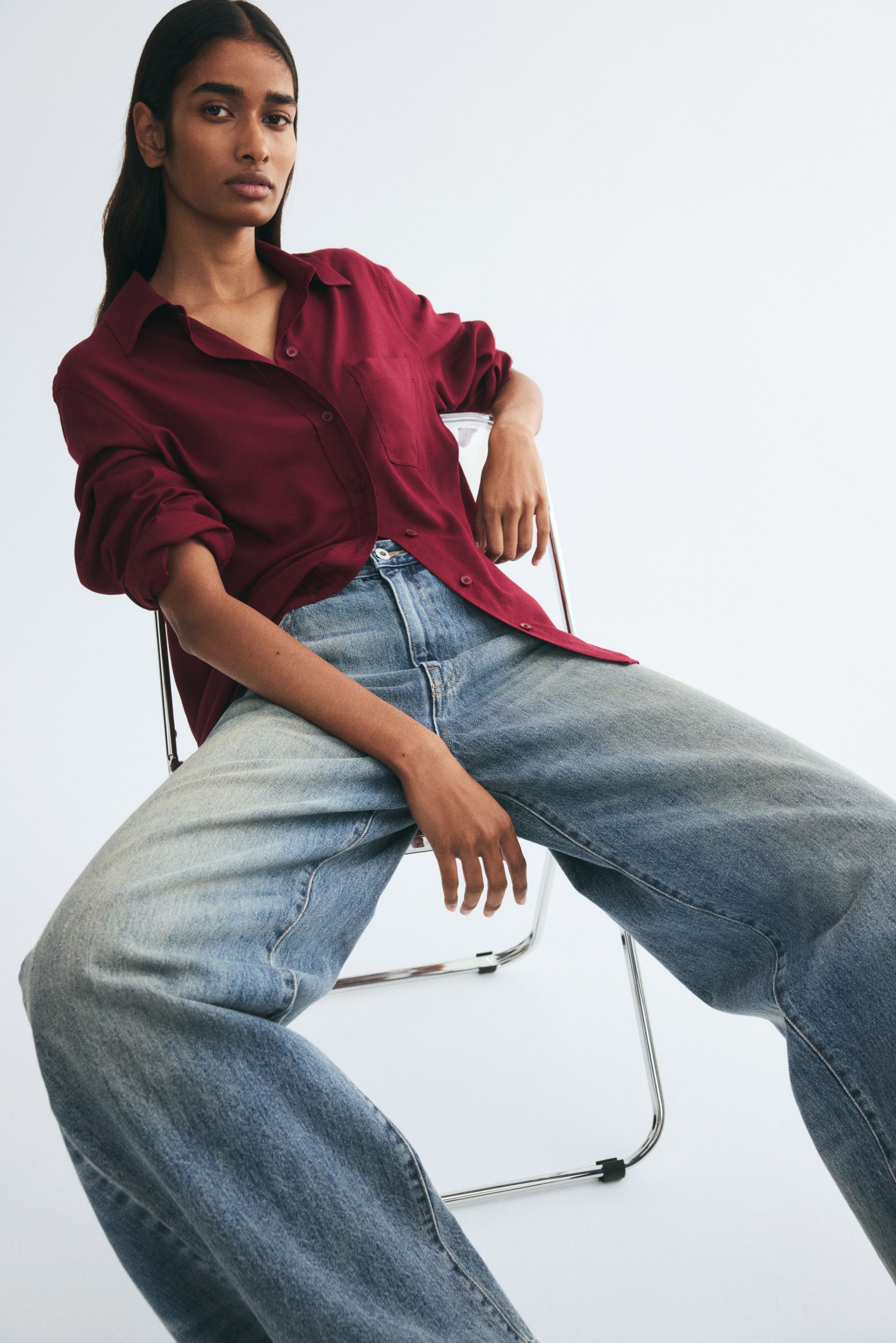 Linen-blend shirt - Dark red/Bright blue/Dark brown