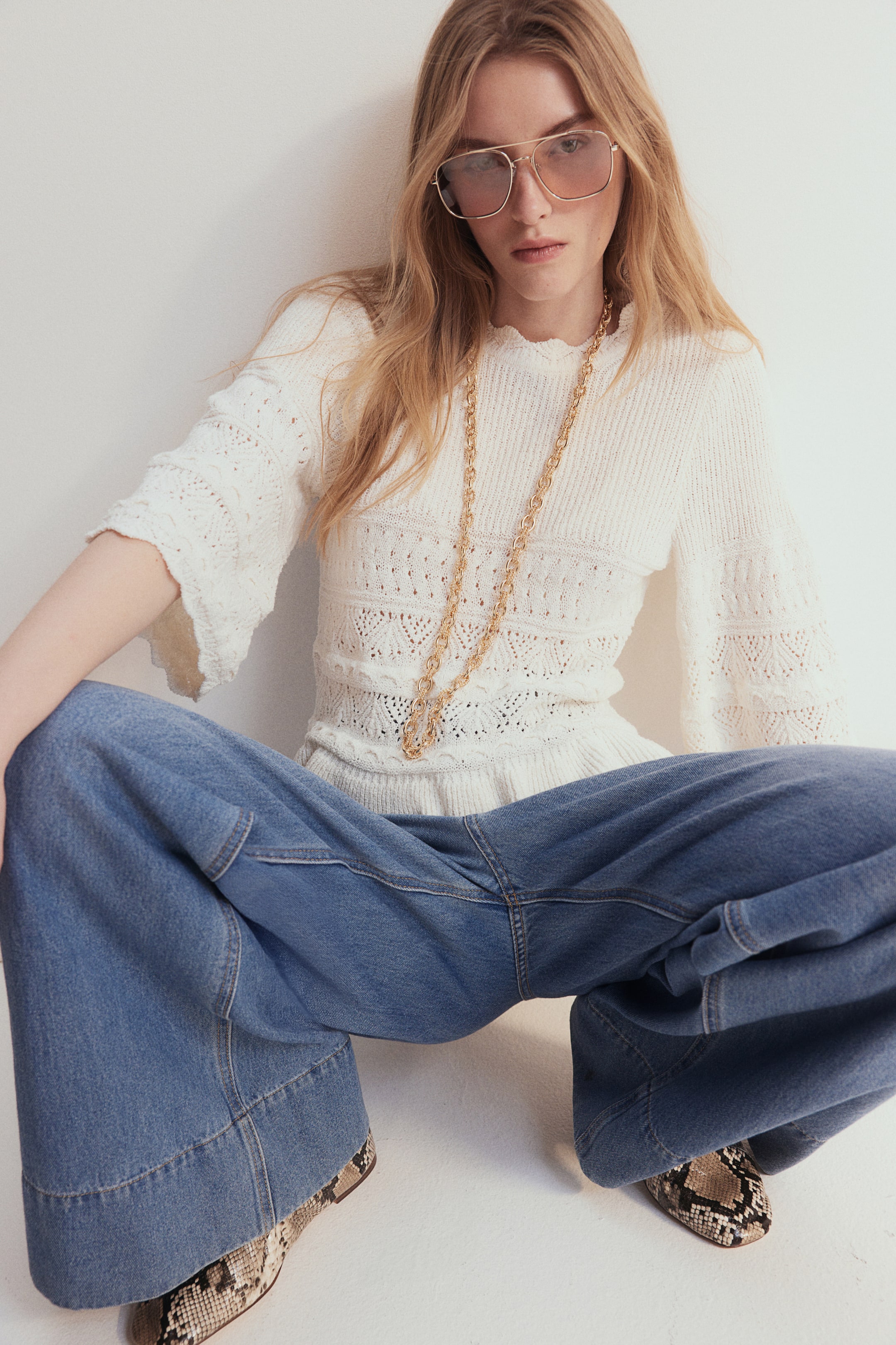 Ruffle-Trimmed Pointelle-Knit Sweater