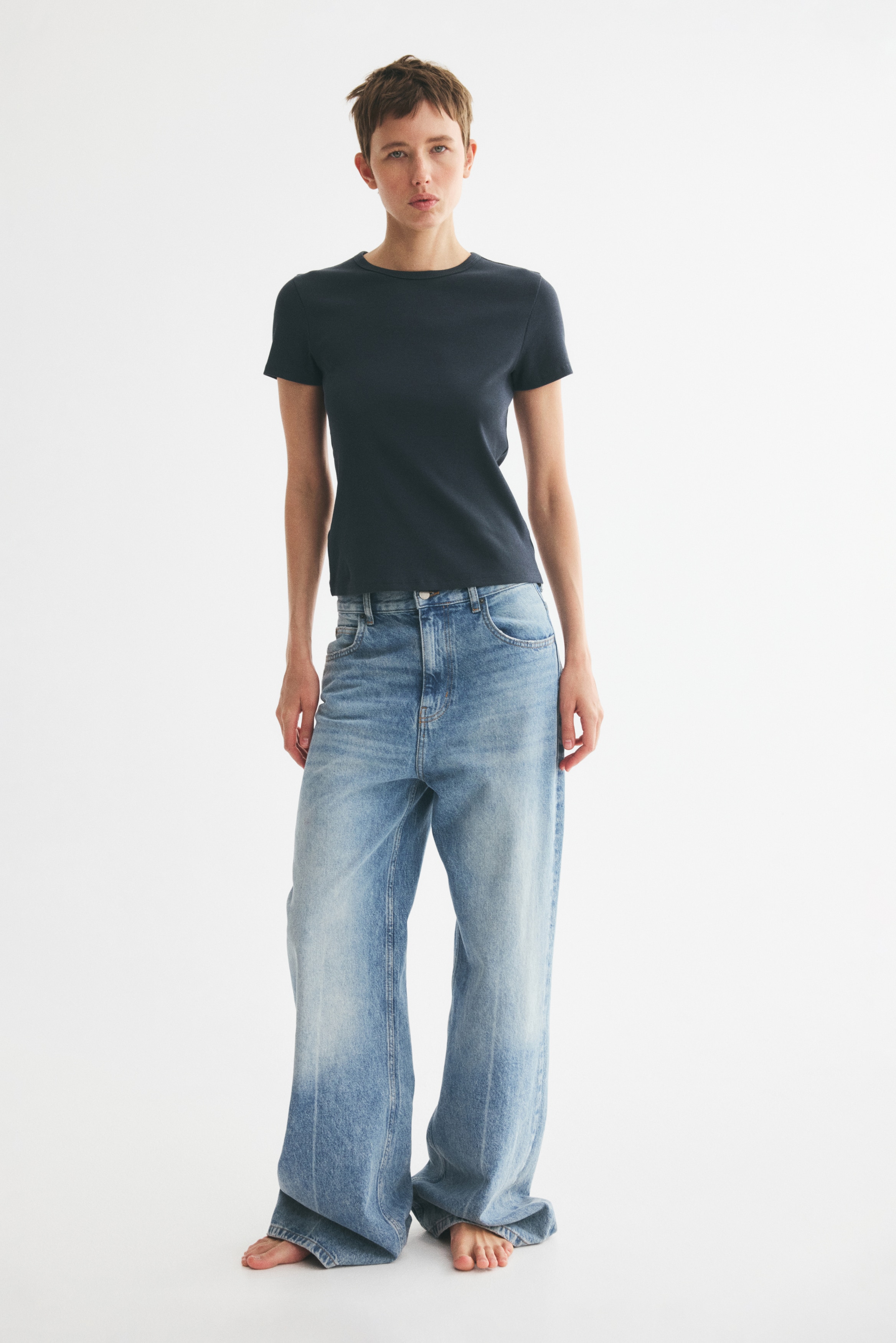Ribbed T-shirt - Dark grey/Light beige/Grey marl/Navy blue/Black/Dusty purple/White/Striped/Light turquoise/Dark grey/Dark mole/White/Light dusty pink/Grey marl/Blue/Dark grey
