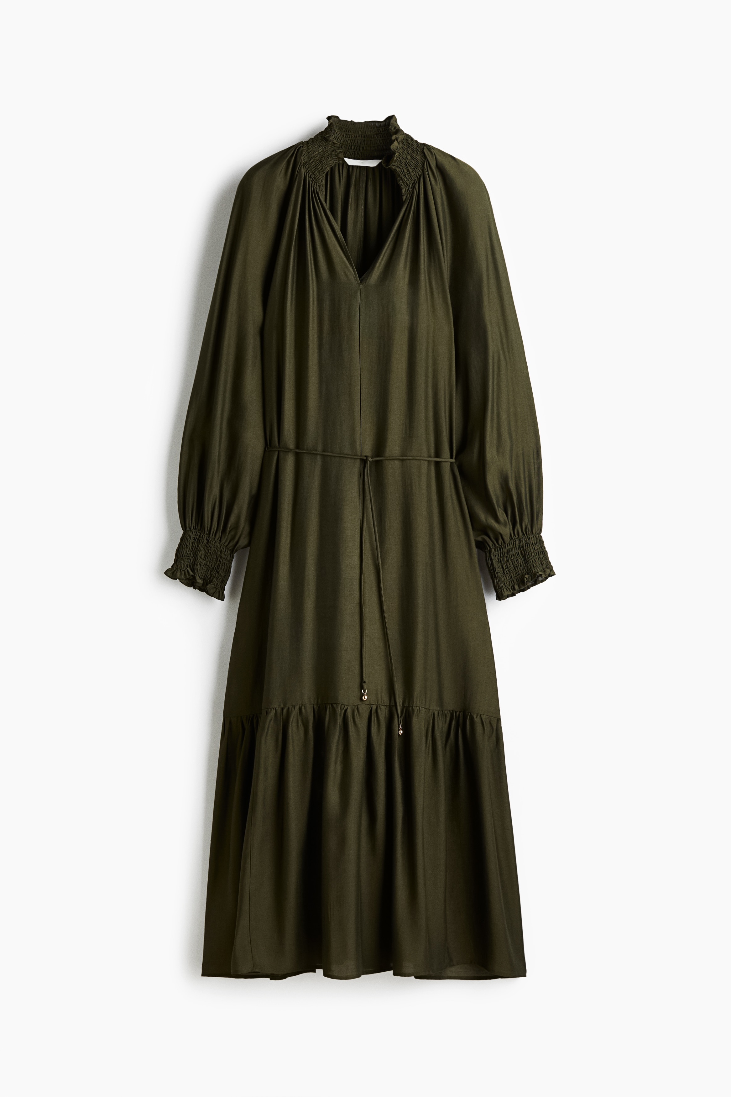 Vestido com franzido smock - Verde caqui escuro