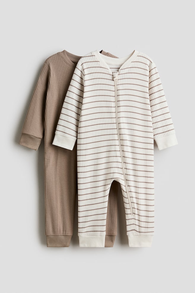 2-pack cotton sleepsuits - Dark beige/Striped/Light pink/White/Green/Striped/Light pink/Floral/White/Navy blue striped - 1