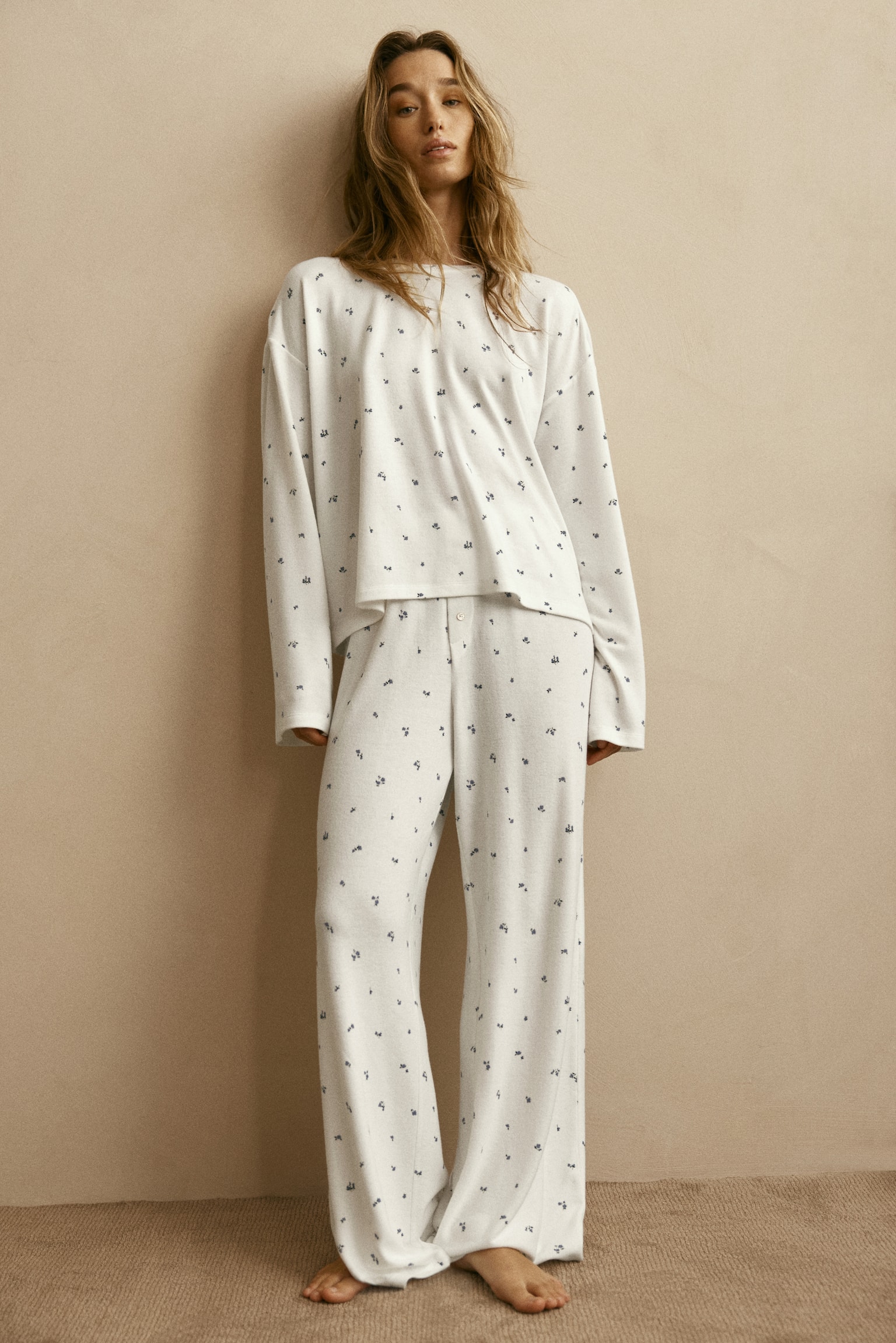 Pijama en punto peinado - Blanco/Floreado/Gris jaspeado claro - 4