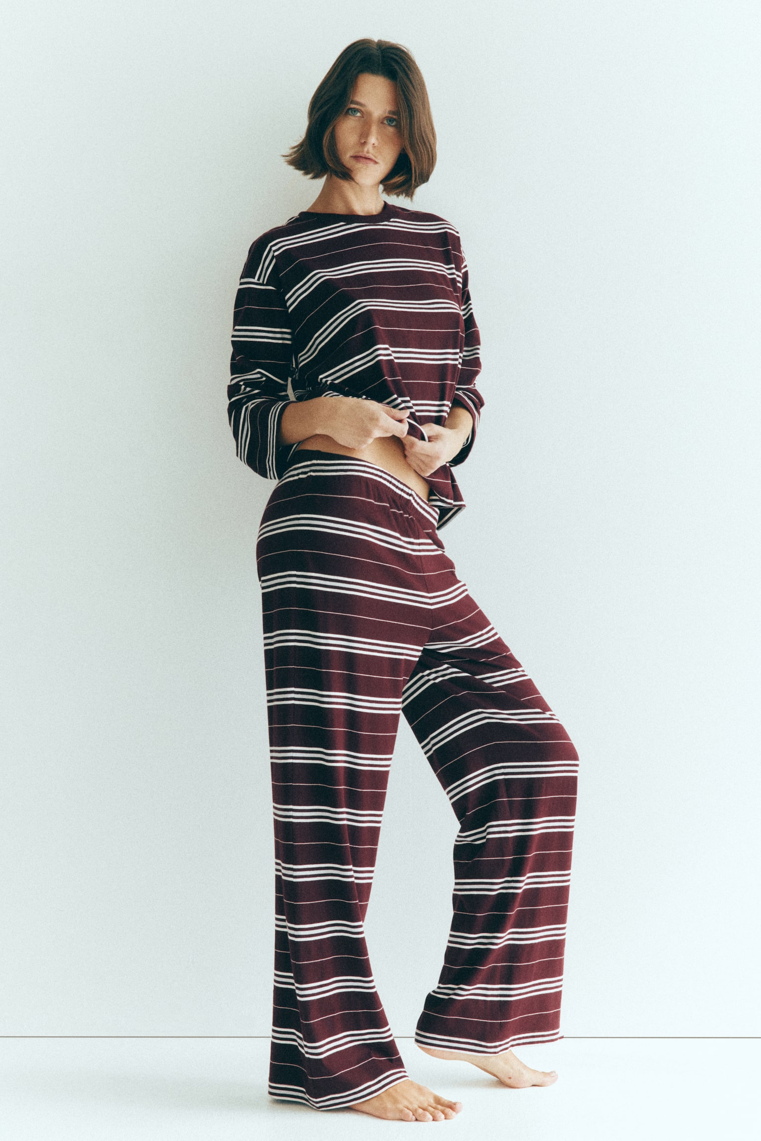 Пижама, хлопок — H&M, цвет: Бордовый / Полосатый — фото 4