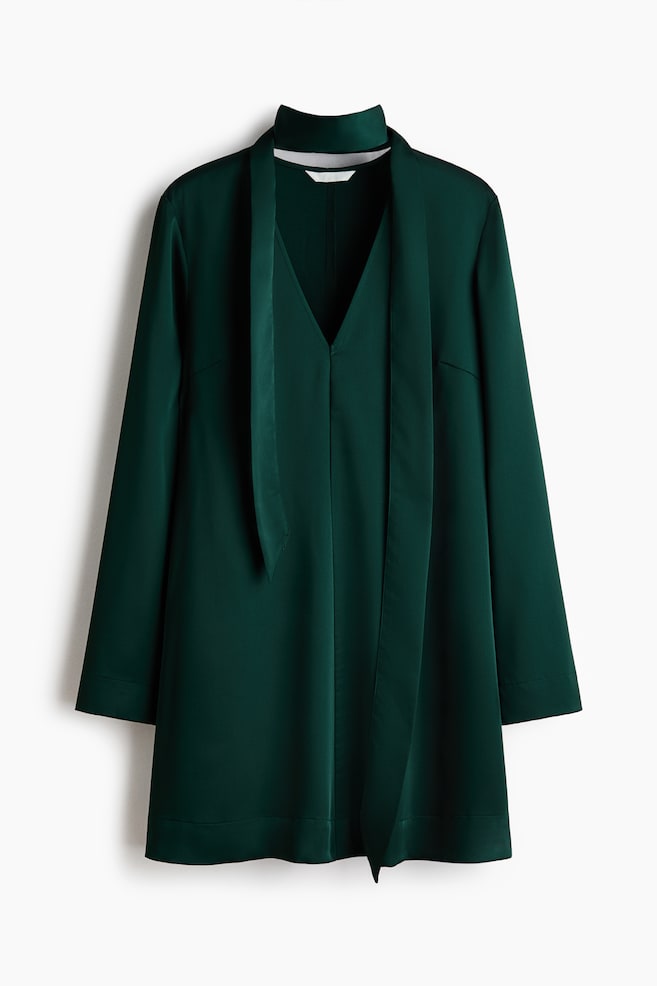 Vestido de satén con fular - Verde oscuro/Negro - 1