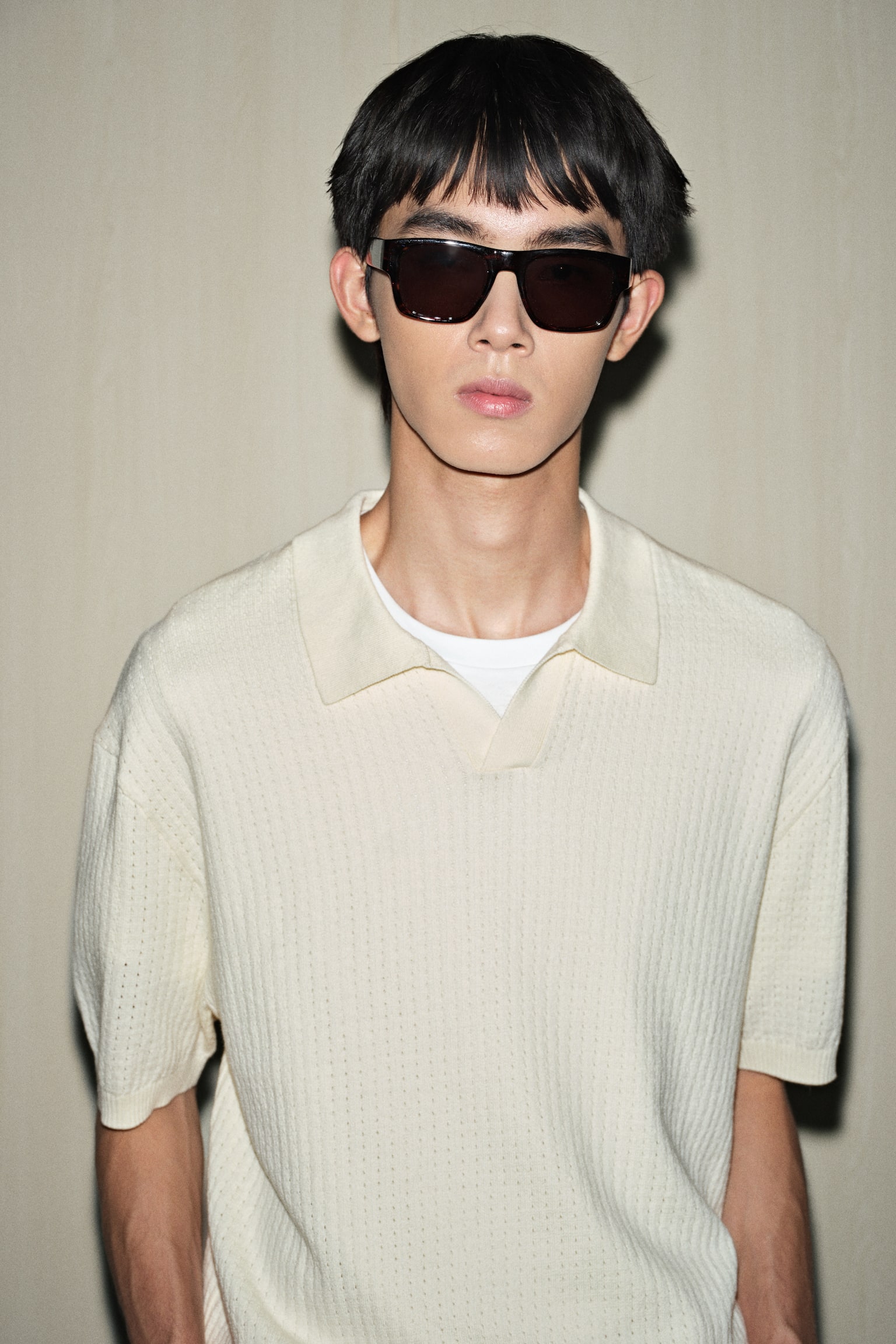 寬鬆剪裁紋理感針織Polo衫 - 奶油色/黑色 - 3