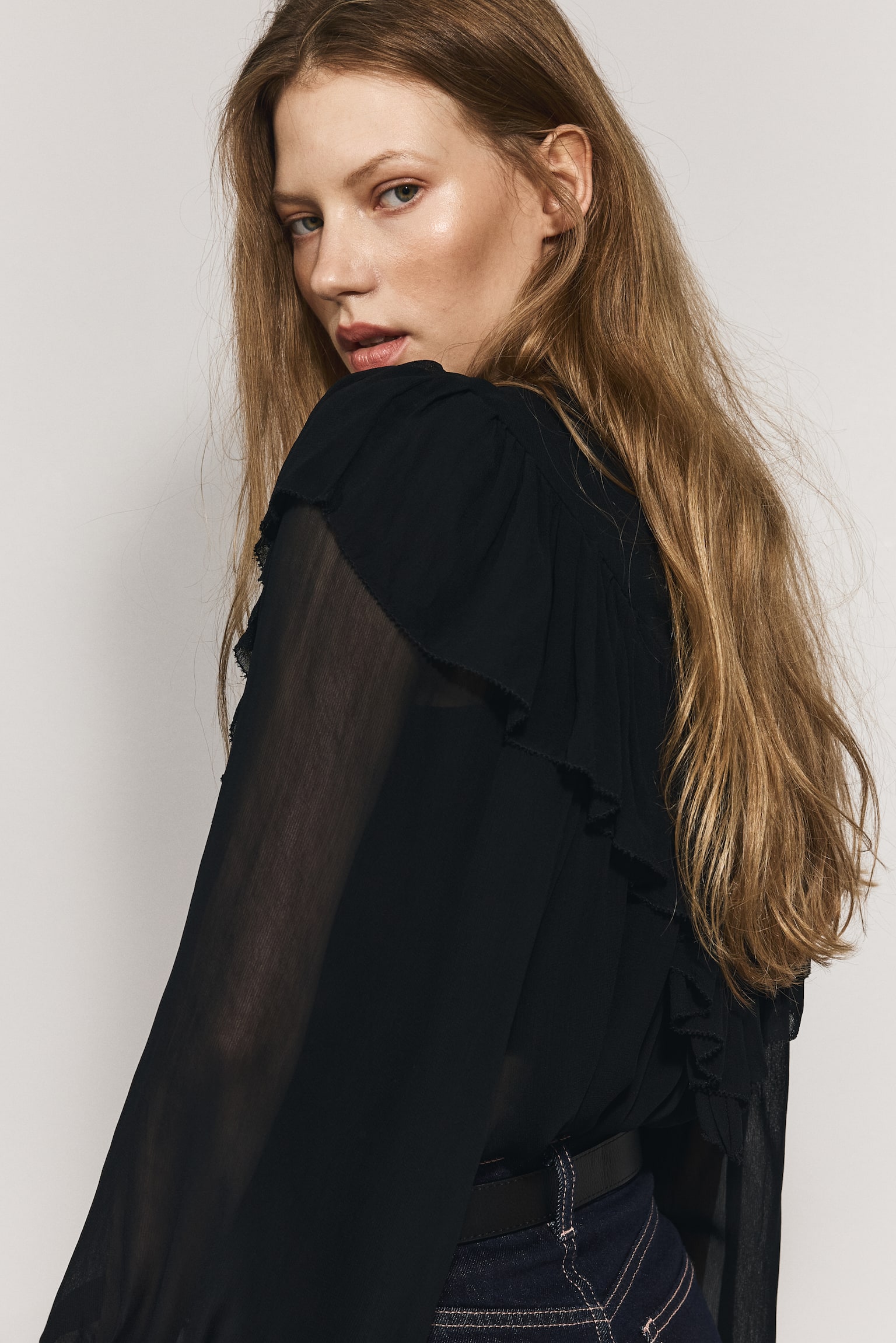 Frill-trimmed chiffon blouse - Black/Burgundy - 3