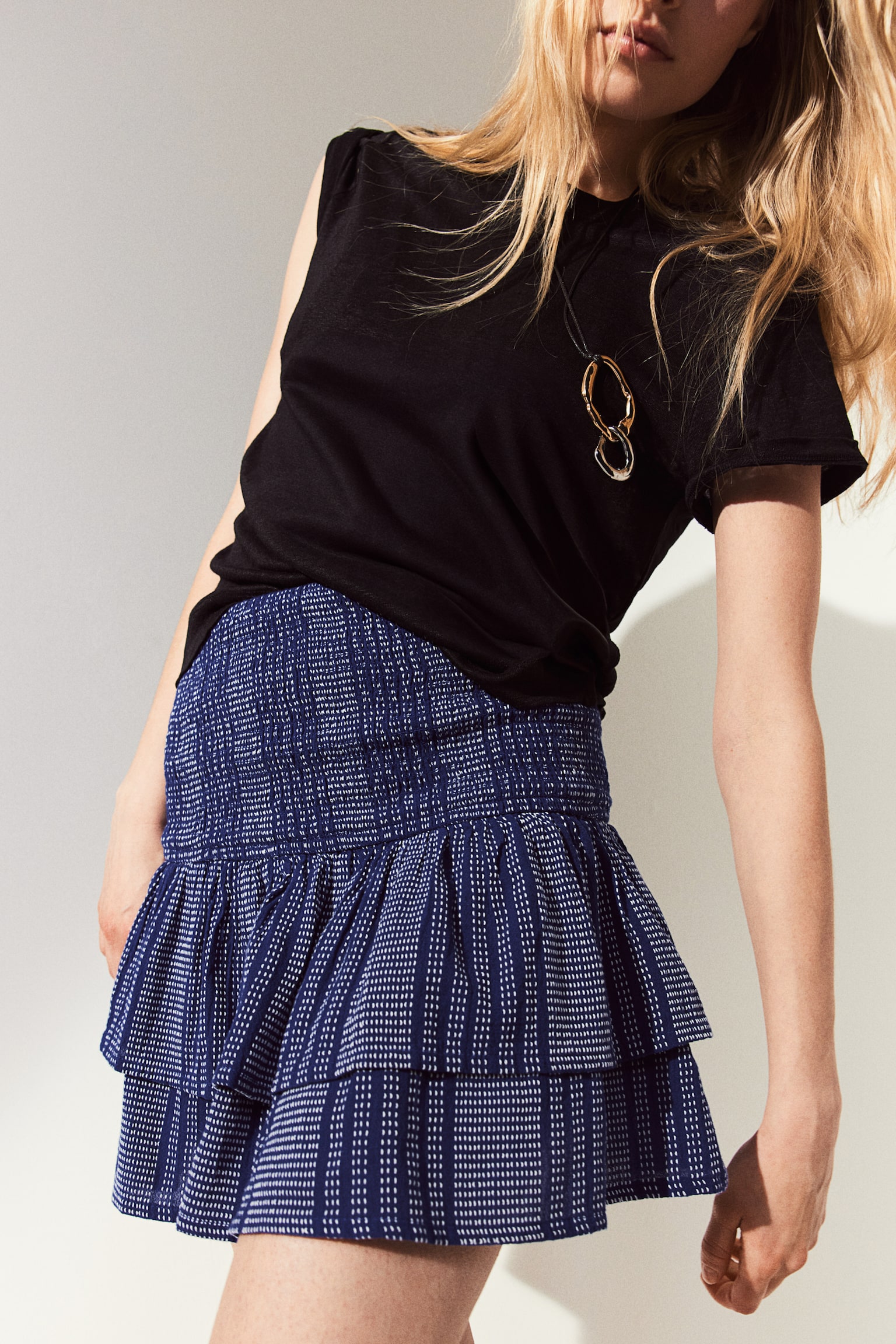 Smock-waisted tiered skirt - Dark blue/White striped/Light denim blue/Cream/Black patterned - 4