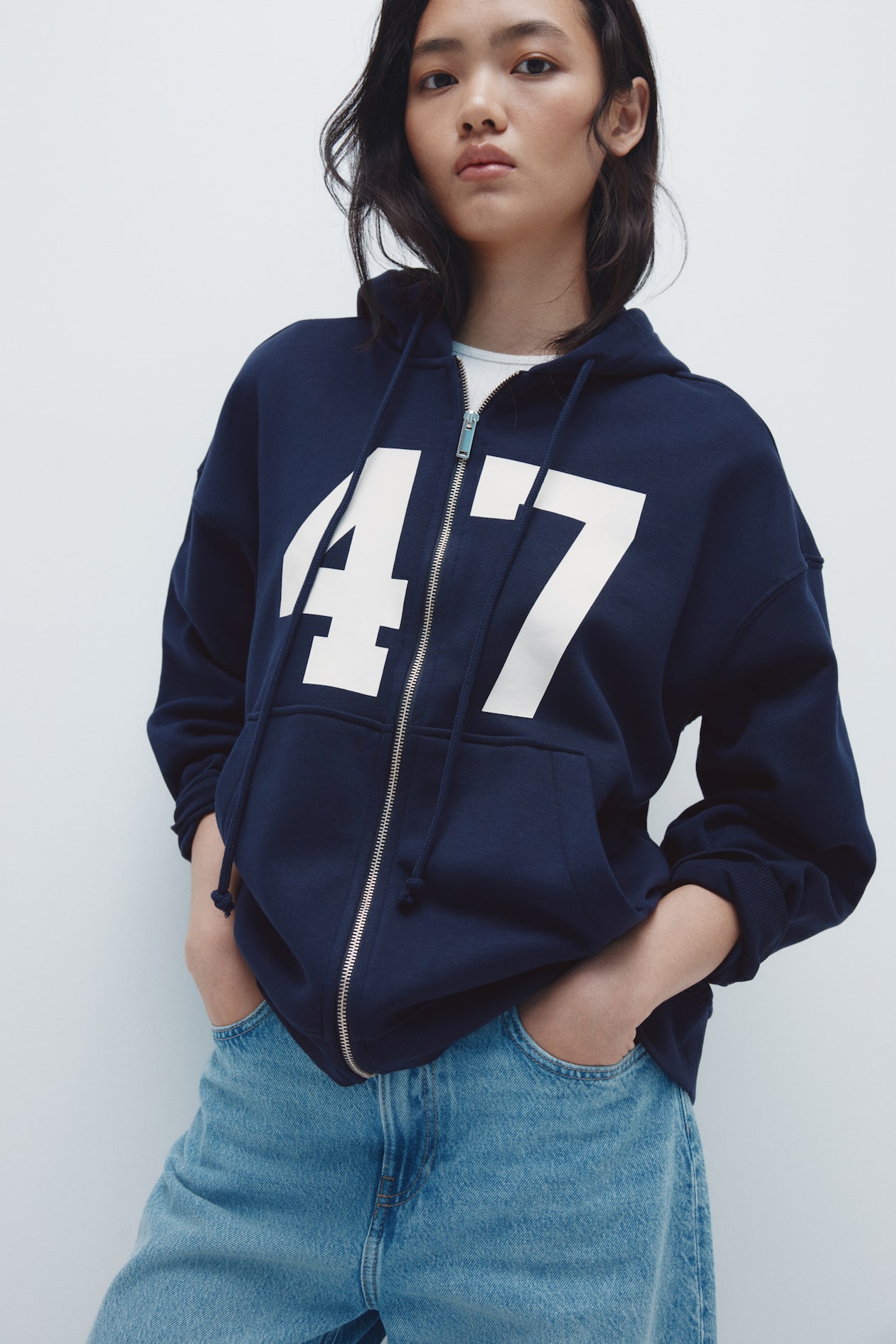 Oversized zip-through hoodie Navy blue/47 Ladies H&M IN