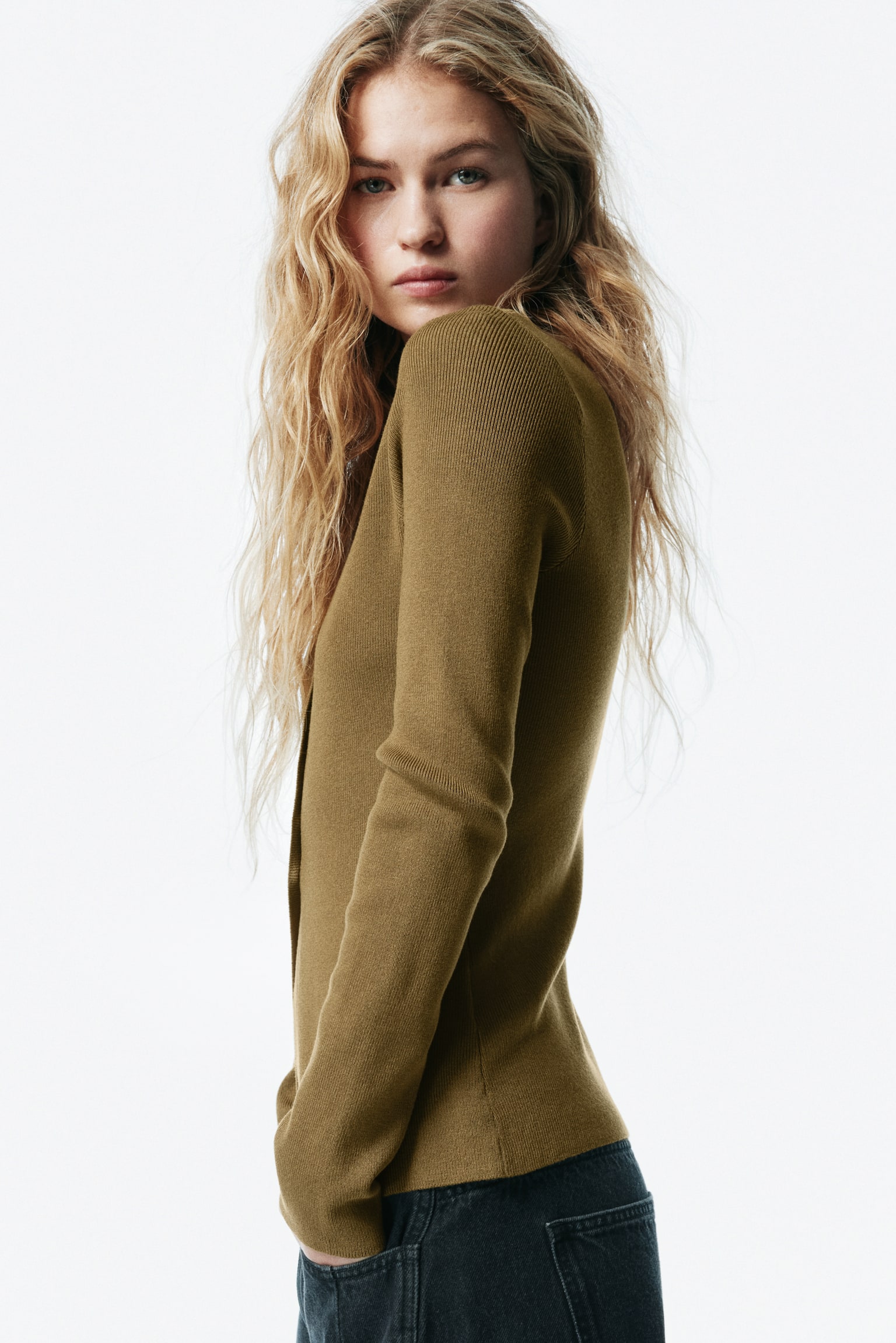 Lastik Örgülü Hırka - Koyu haki - 5