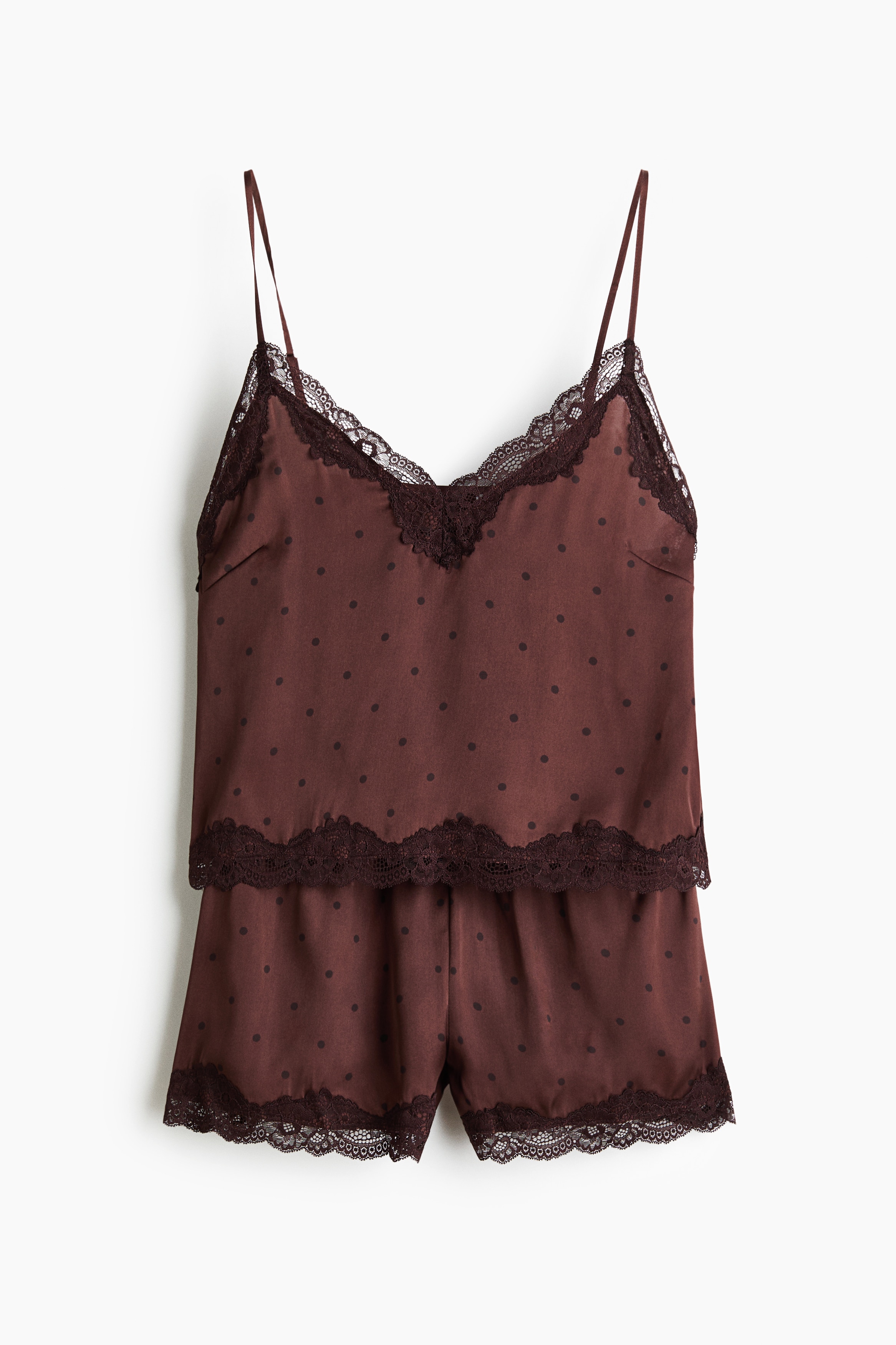 Lace-trimmed satin pyjamas - Rust brown/Spotted/Navy blue
