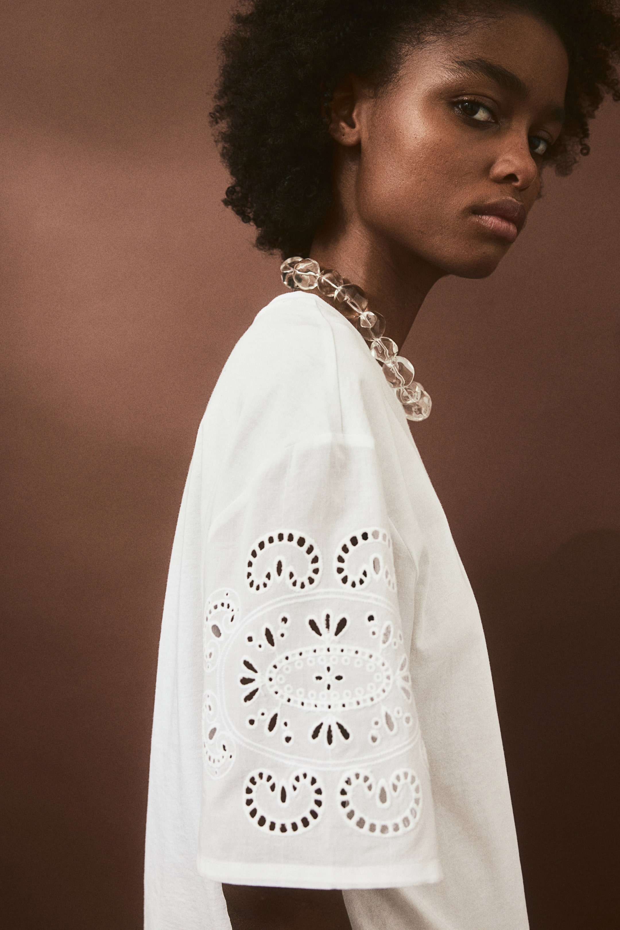 T-shirt with Eyelet Embroidered Sleeves