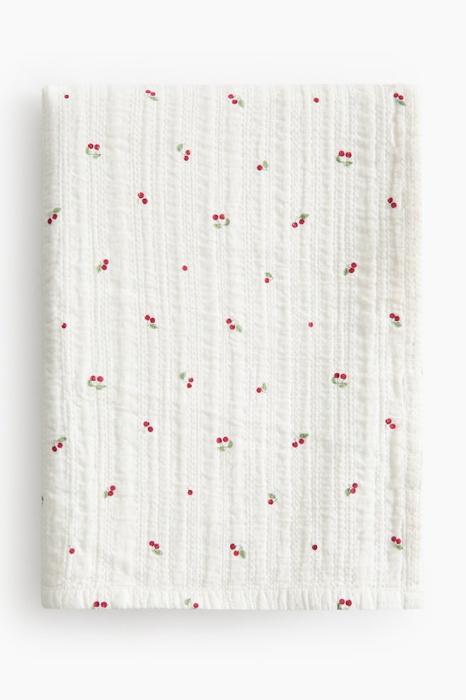 Cotton Muslin Bedspread - Cream/cherries - 1