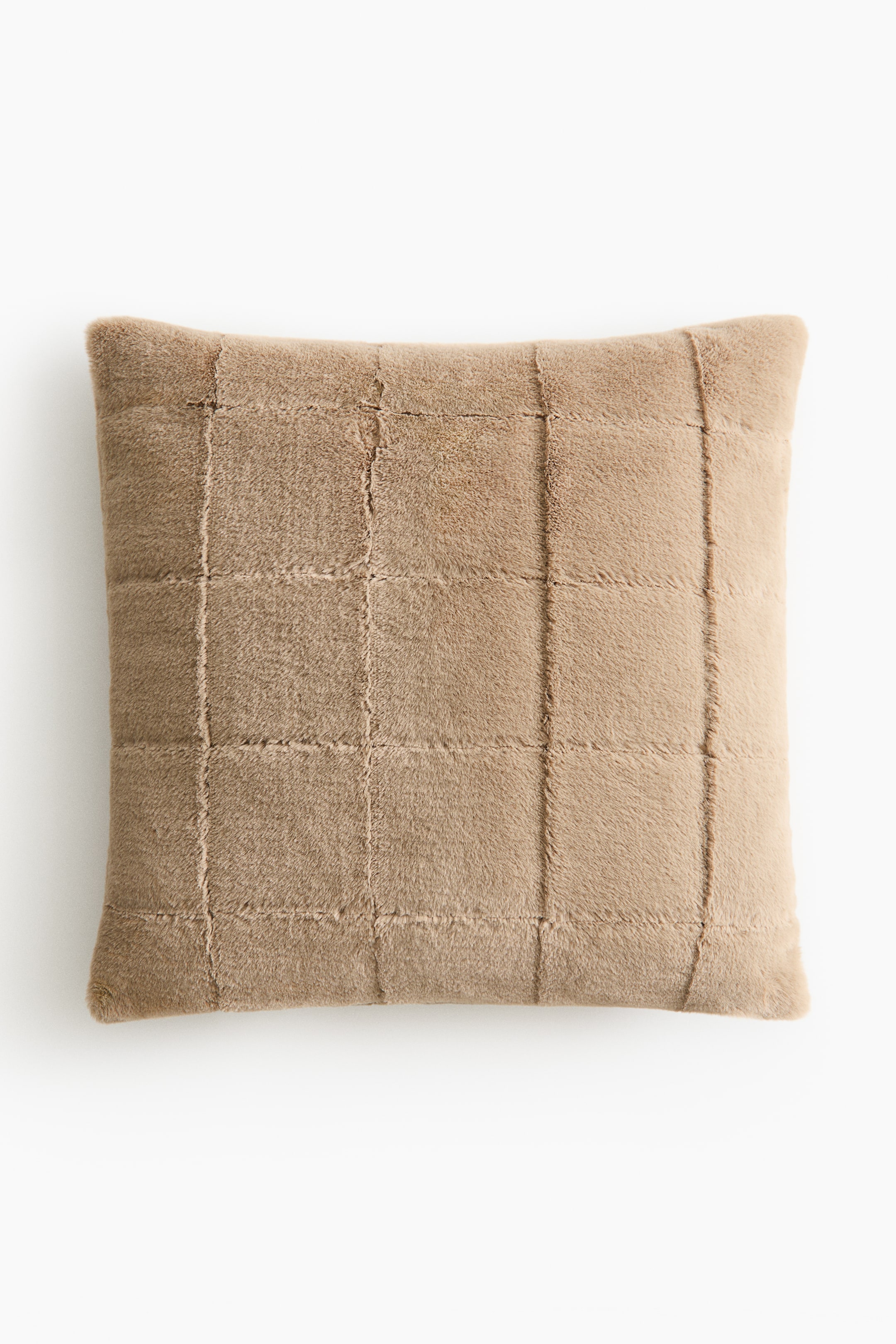 View larger image: The cushion cover showcases its front, adorned with plush fabric in a textured check pattern. A zip is visible along one side.