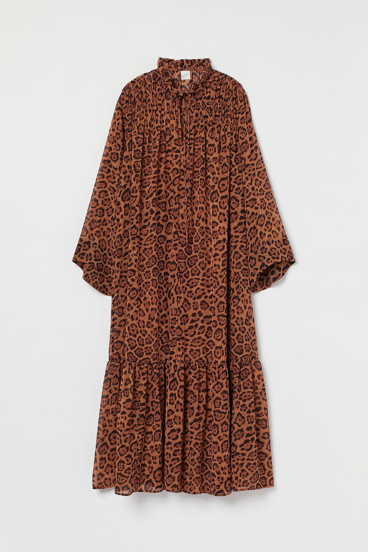 Long Chiffon Dress - V-neck - Long sleeve - Brown/jaguar-patterned ...