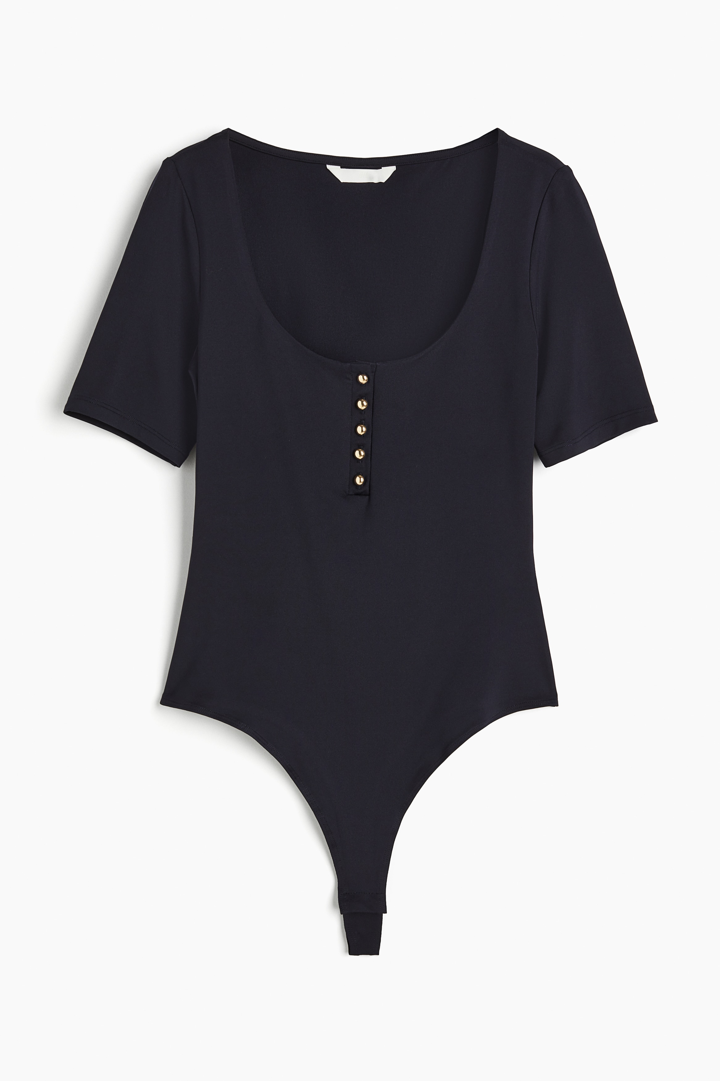 Button-front Thong Bodysuit - Low-cut Neckline - Short sleeve 
