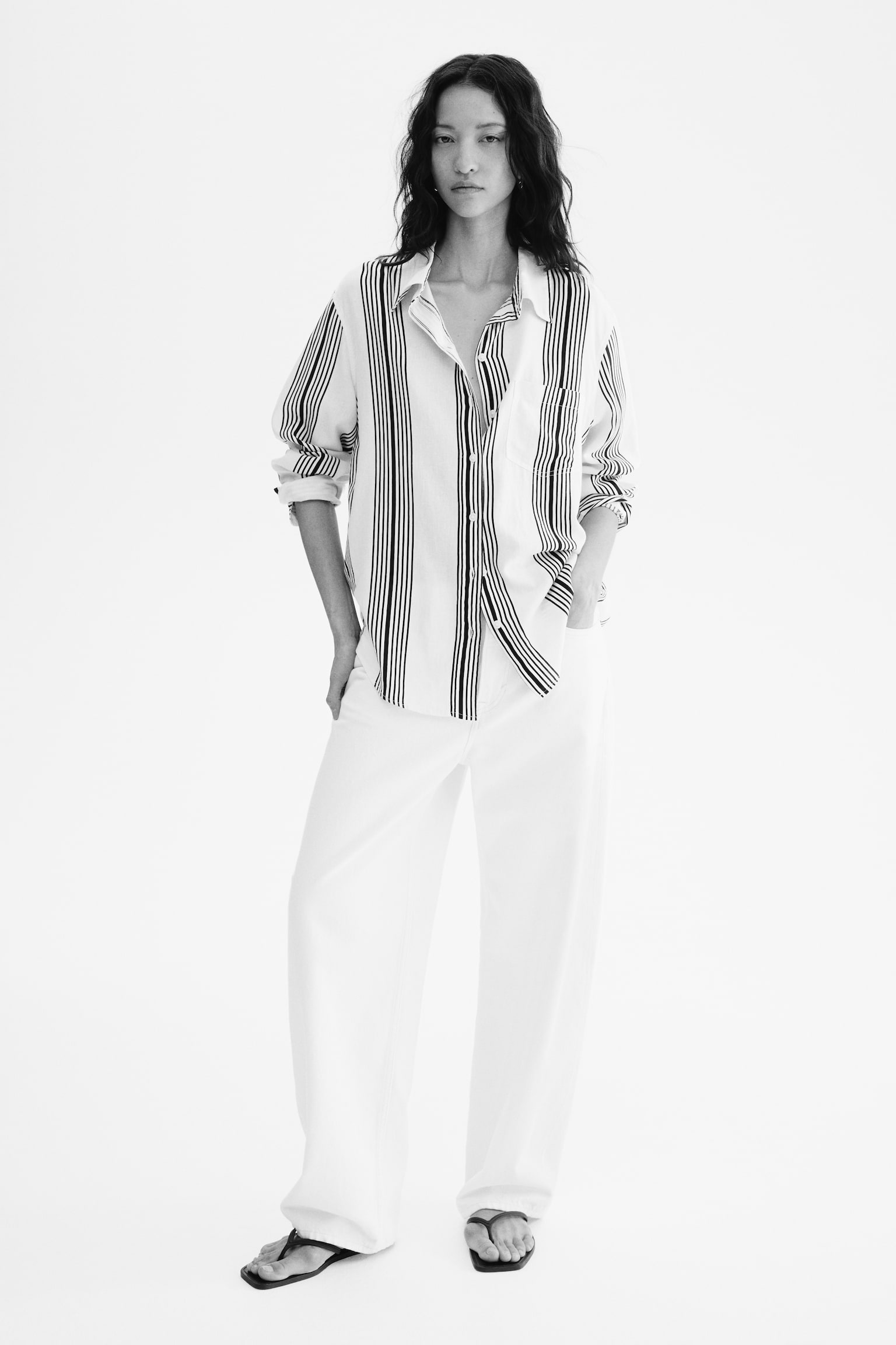 Linen-blend shirt - White/Black striped - 1