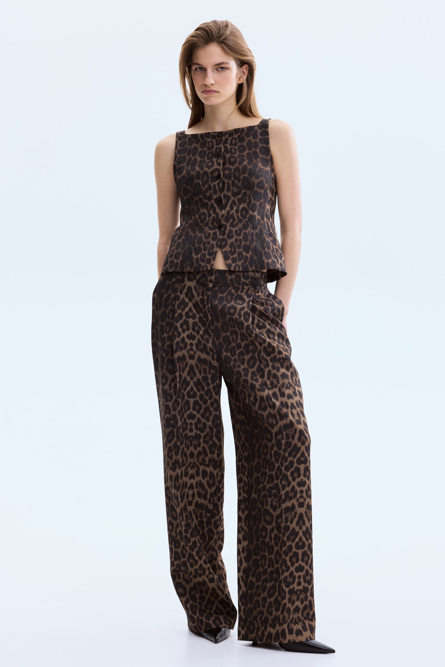 Pantalon large avec ceinture - Brun/imprimé léopard/Rouge foncé - 2