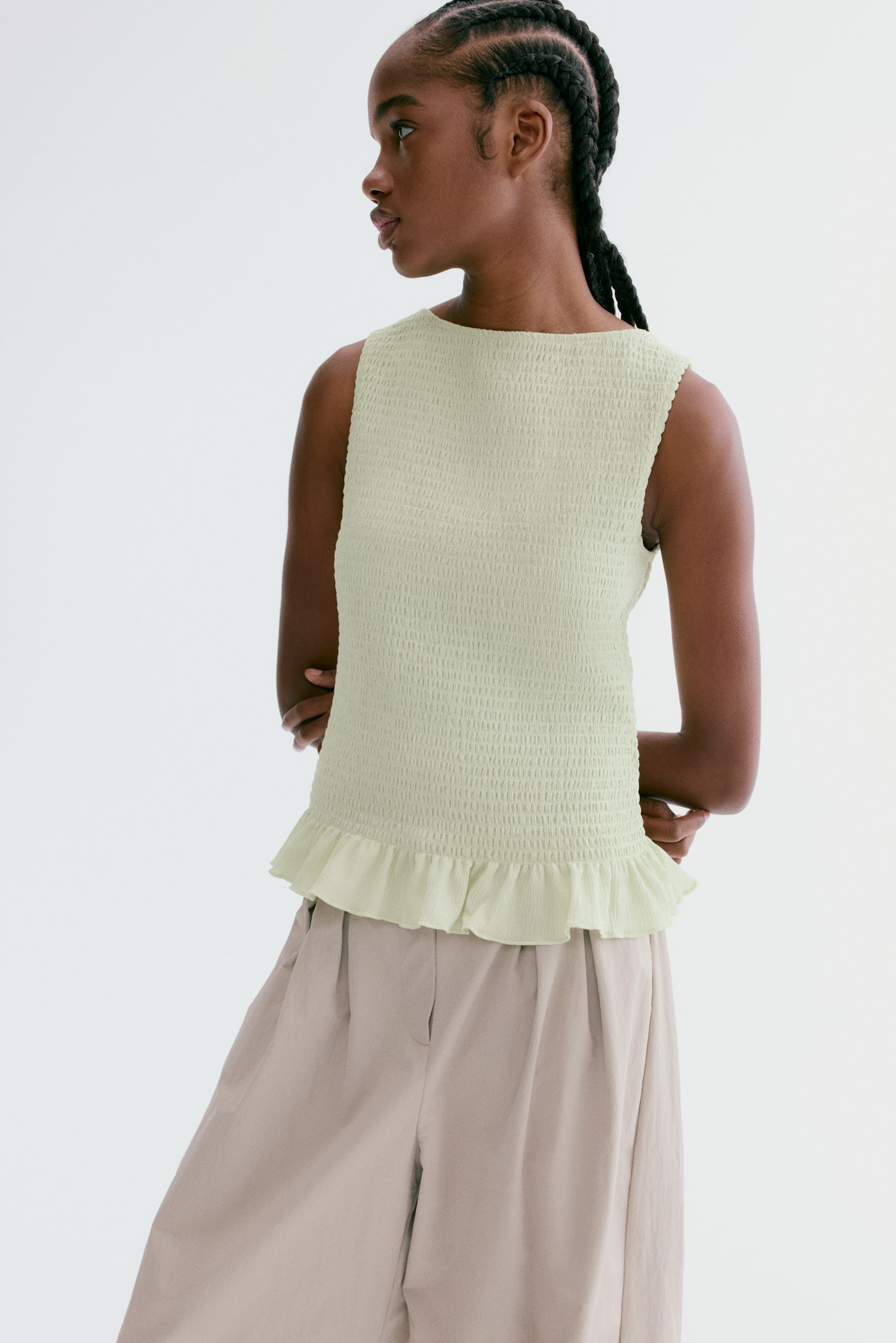 Smocked boat-neck top - Pistachio green/Light beige - 2